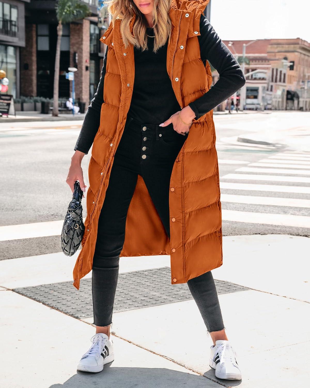 imageBTFBM Long Puffer Vest Women Quilted Hooded Button Down Zip Up Sleeveless Vests Outerwear Padded Jacket Fall Winter CoatOrange