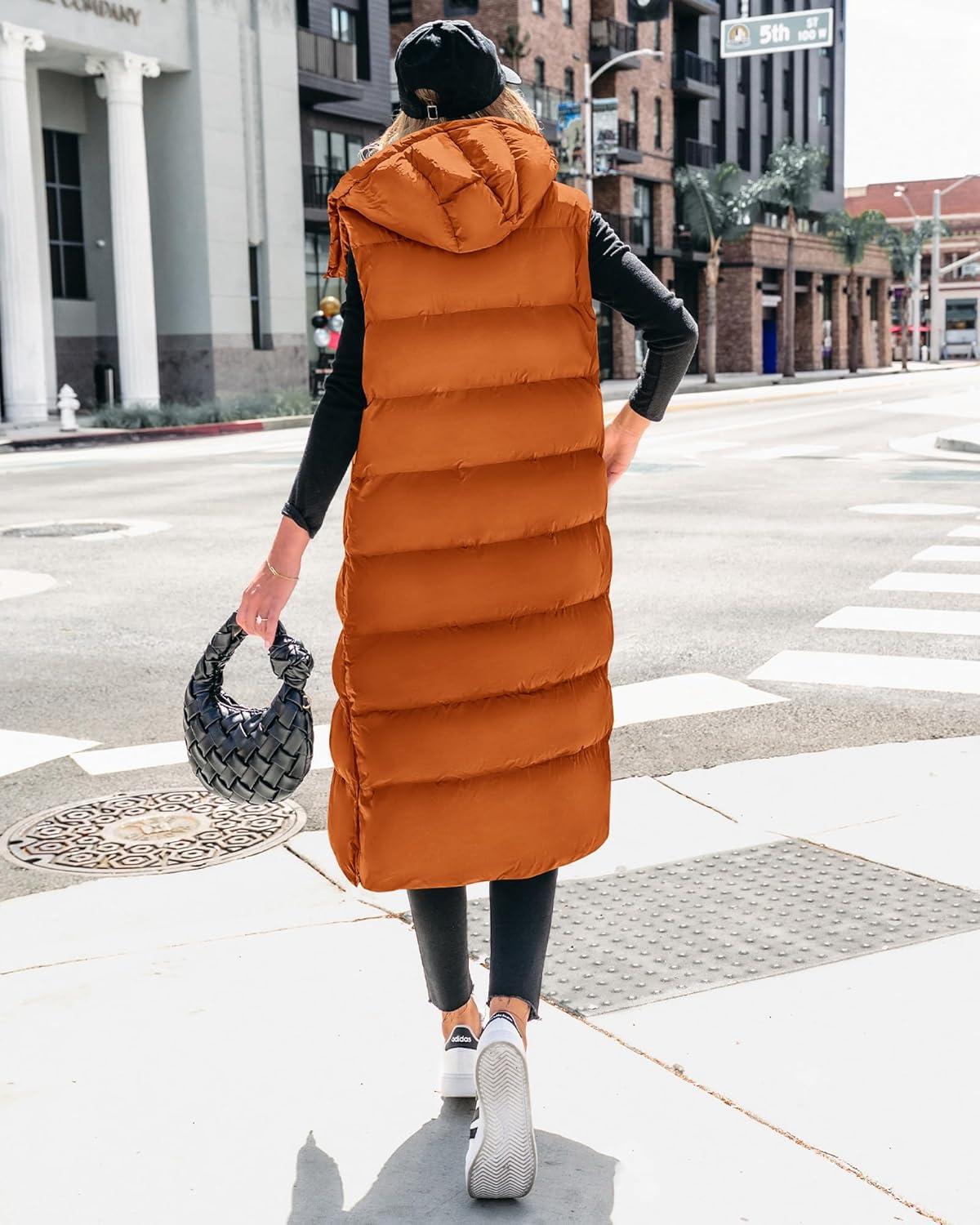 imageBTFBM Long Puffer Vest Women Quilted Hooded Button Down Zip Up Sleeveless Vests Outerwear Padded Jacket Fall Winter CoatOrange
