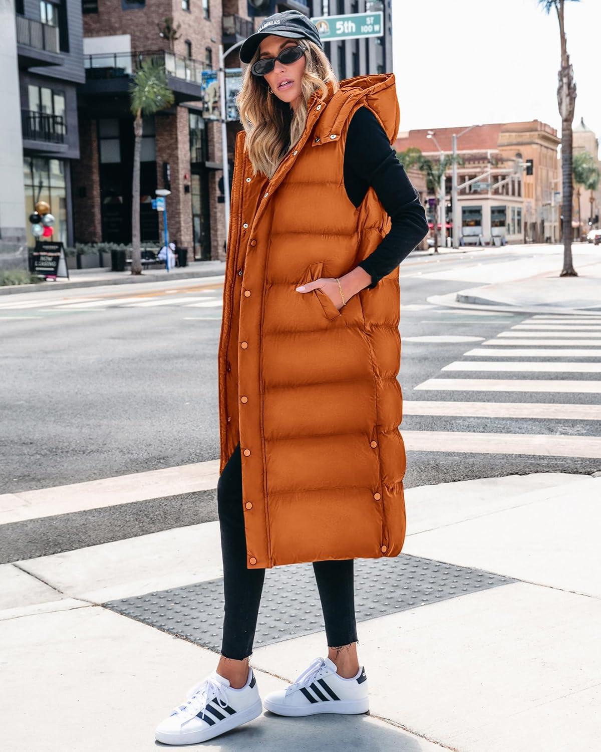imageBTFBM Long Puffer Vest Women Quilted Hooded Button Down Zip Up Sleeveless Vests Outerwear Padded Jacket Fall Winter CoatOrange