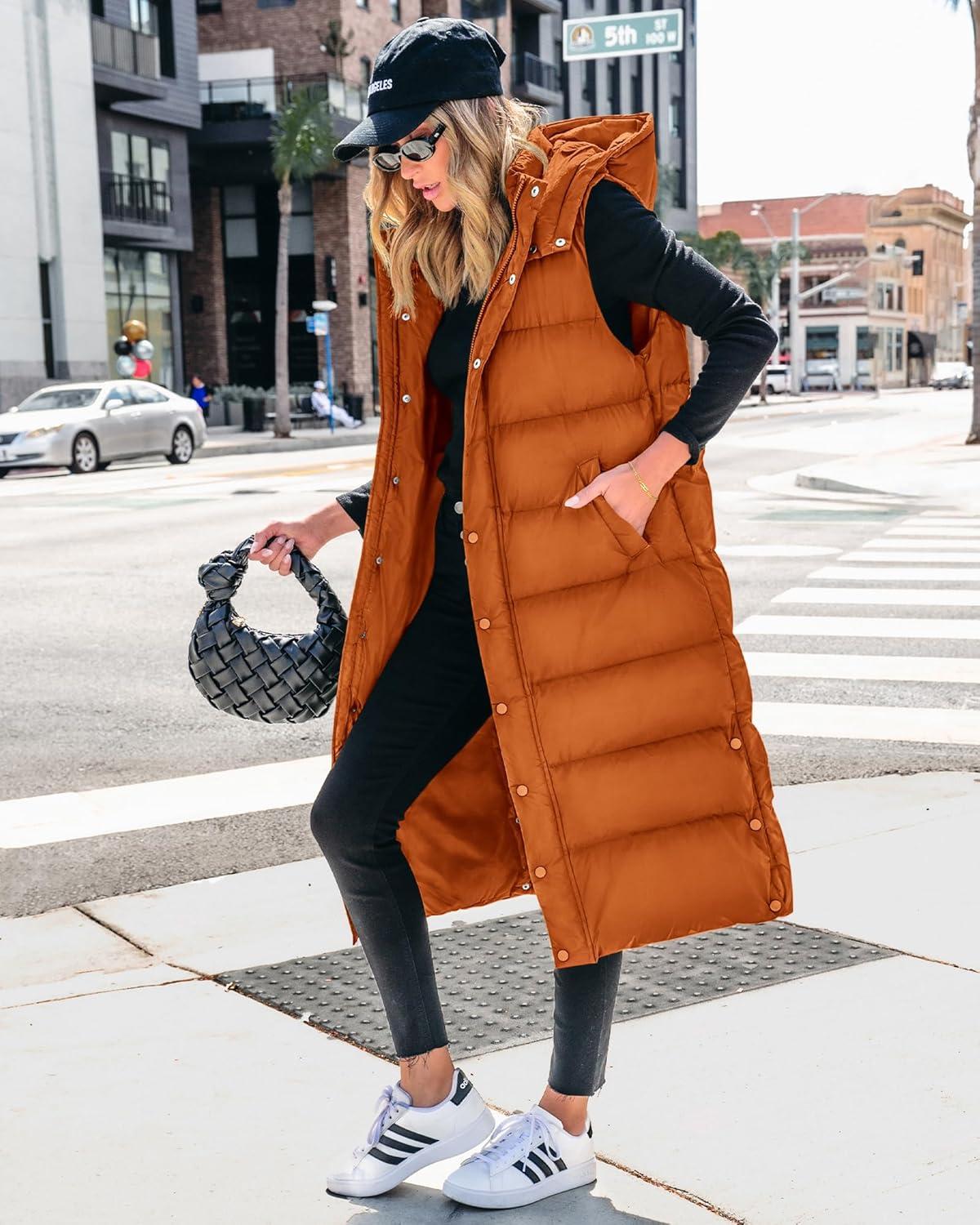 imageBTFBM Long Puffer Vest Women Quilted Hooded Button Down Zip Up Sleeveless Vests Outerwear Padded Jacket Fall Winter CoatOrange
