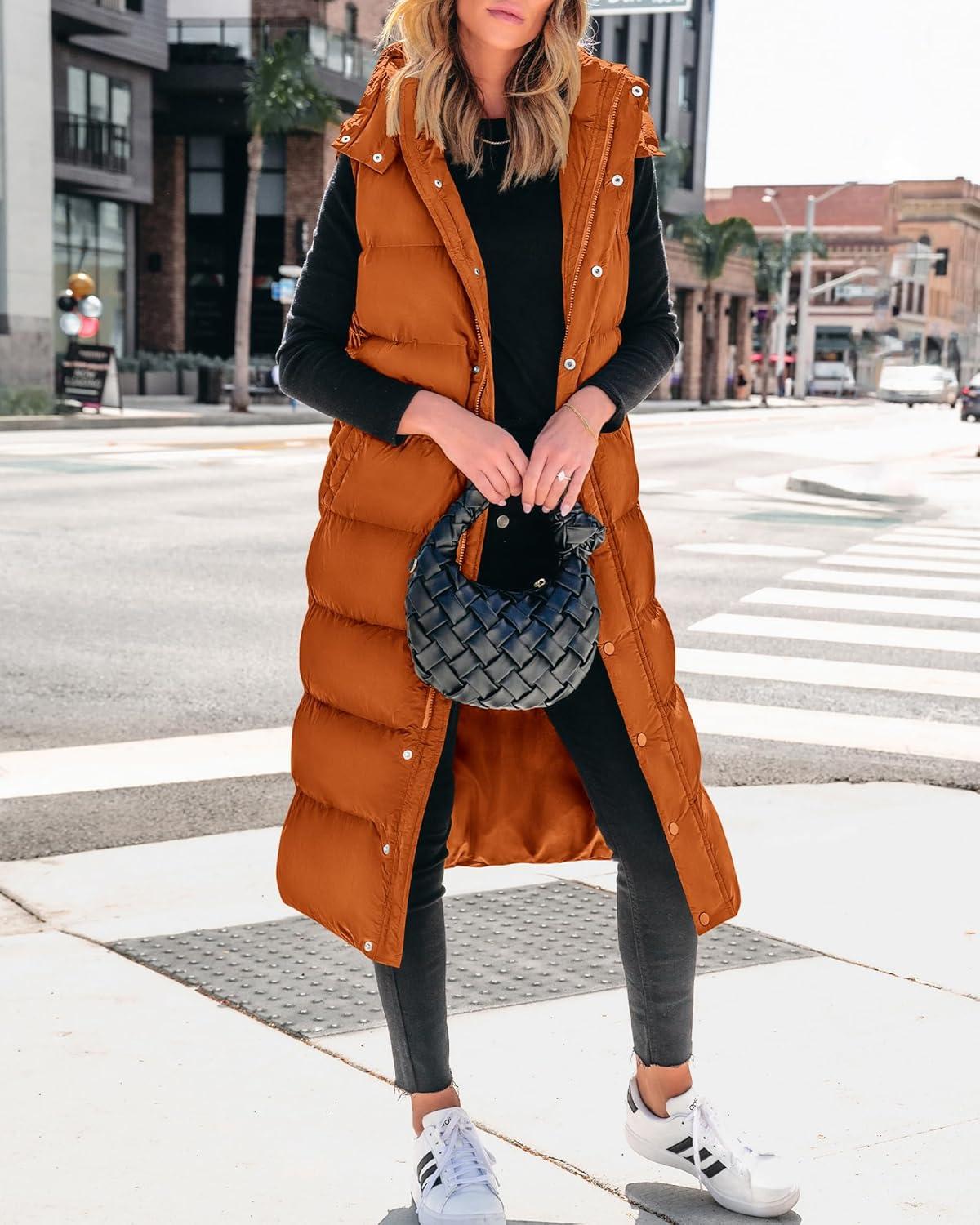 imageBTFBM Long Puffer Vest Women Quilted Hooded Button Down Zip Up Sleeveless Vests Outerwear Padded Jacket Fall Winter CoatOrange