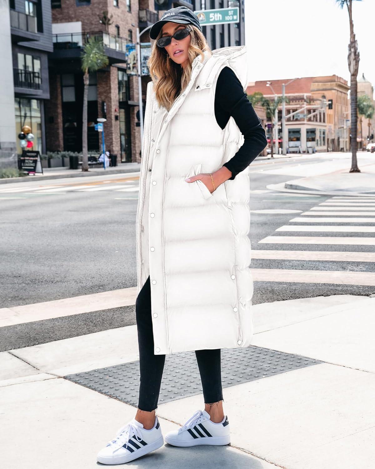 imageBTFBM Long Puffer Vest Women Quilted Hooded Button Down Zip Up Sleeveless Vests Outerwear Padded Jacket Fall Winter CoatWhite