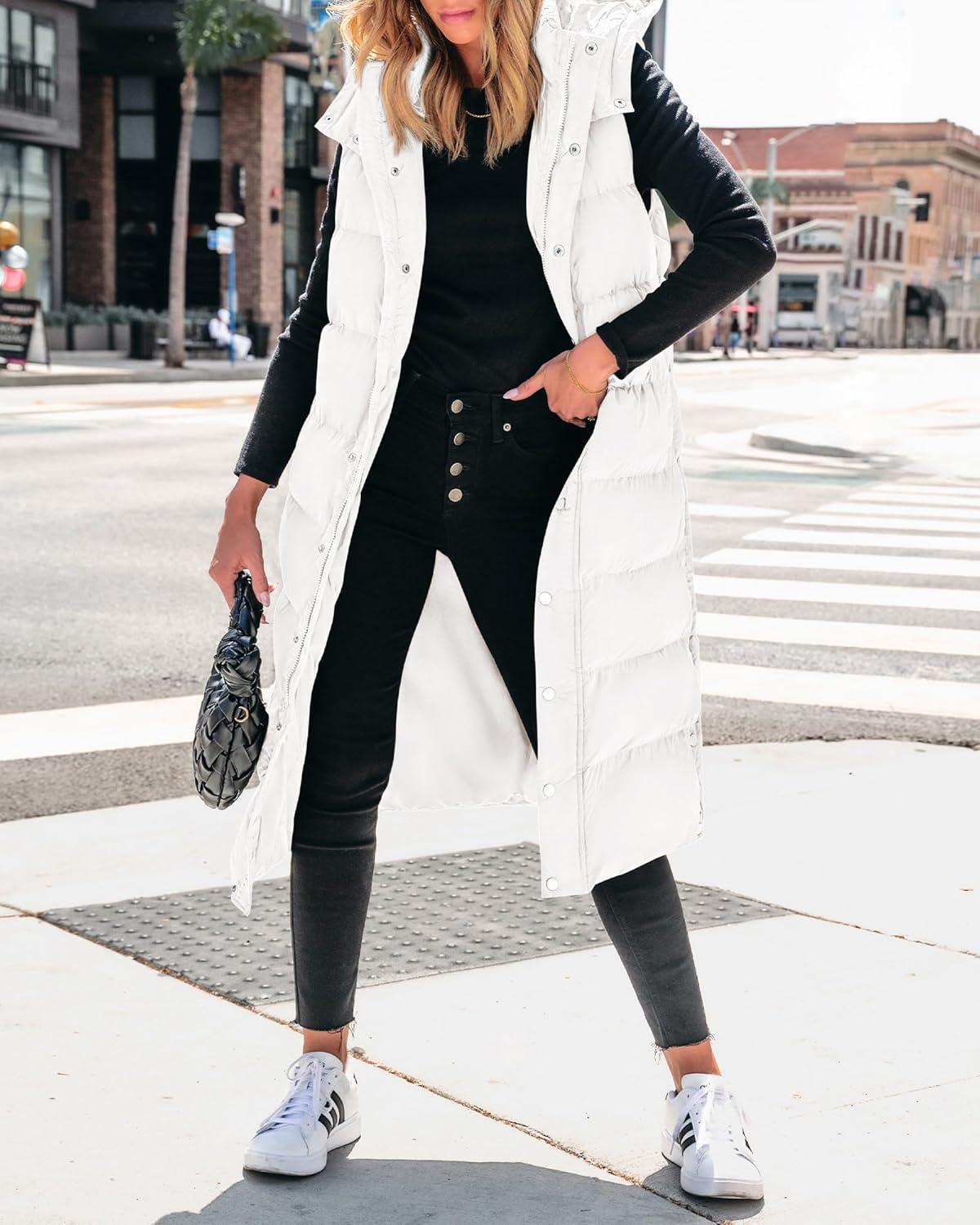imageBTFBM Long Puffer Vest Women Quilted Hooded Button Down Zip Up Sleeveless Vests Outerwear Padded Jacket Fall Winter CoatWhite