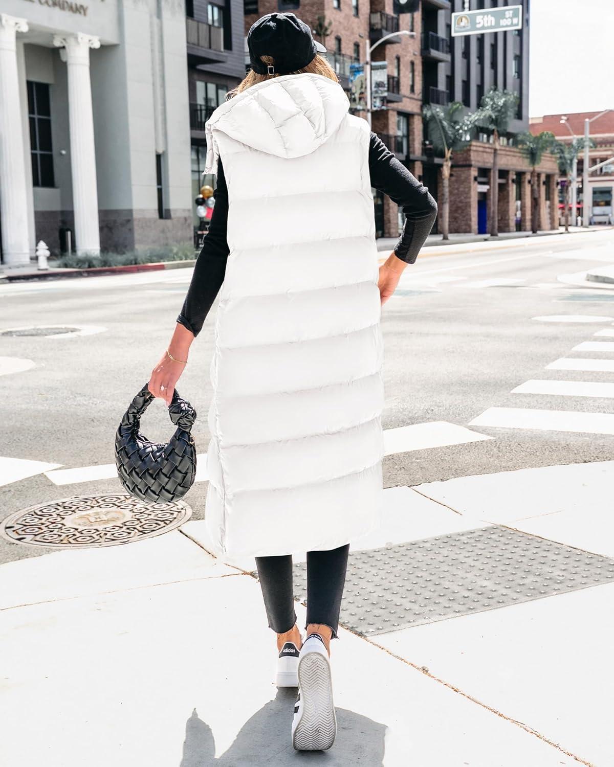imageBTFBM Long Puffer Vest Women Quilted Hooded Button Down Zip Up Sleeveless Vests Outerwear Padded Jacket Fall Winter CoatWhite