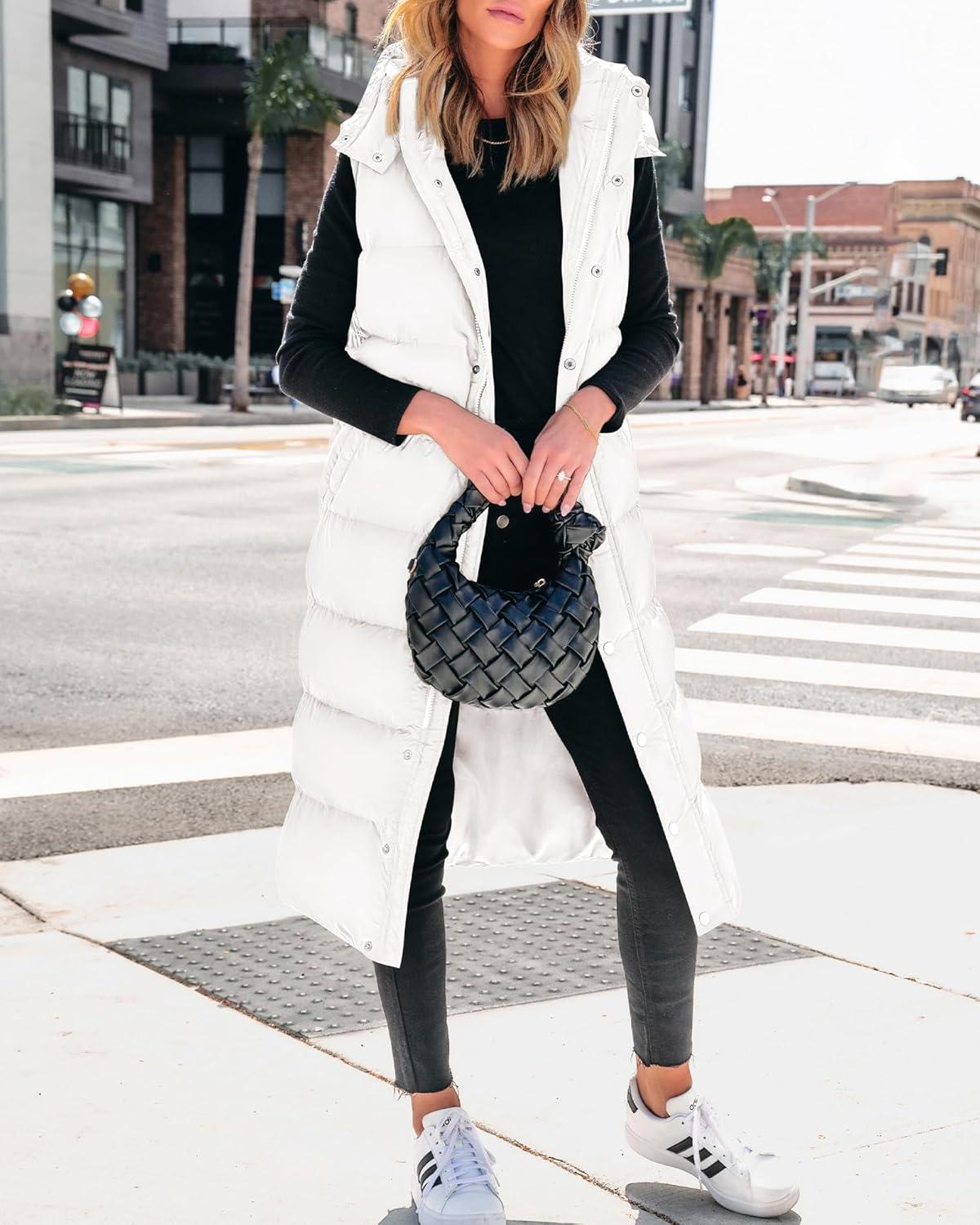 imageBTFBM Long Puffer Vest Women Quilted Hooded Button Down Zip Up Sleeveless Vests Outerwear Padded Jacket Fall Winter CoatWhite