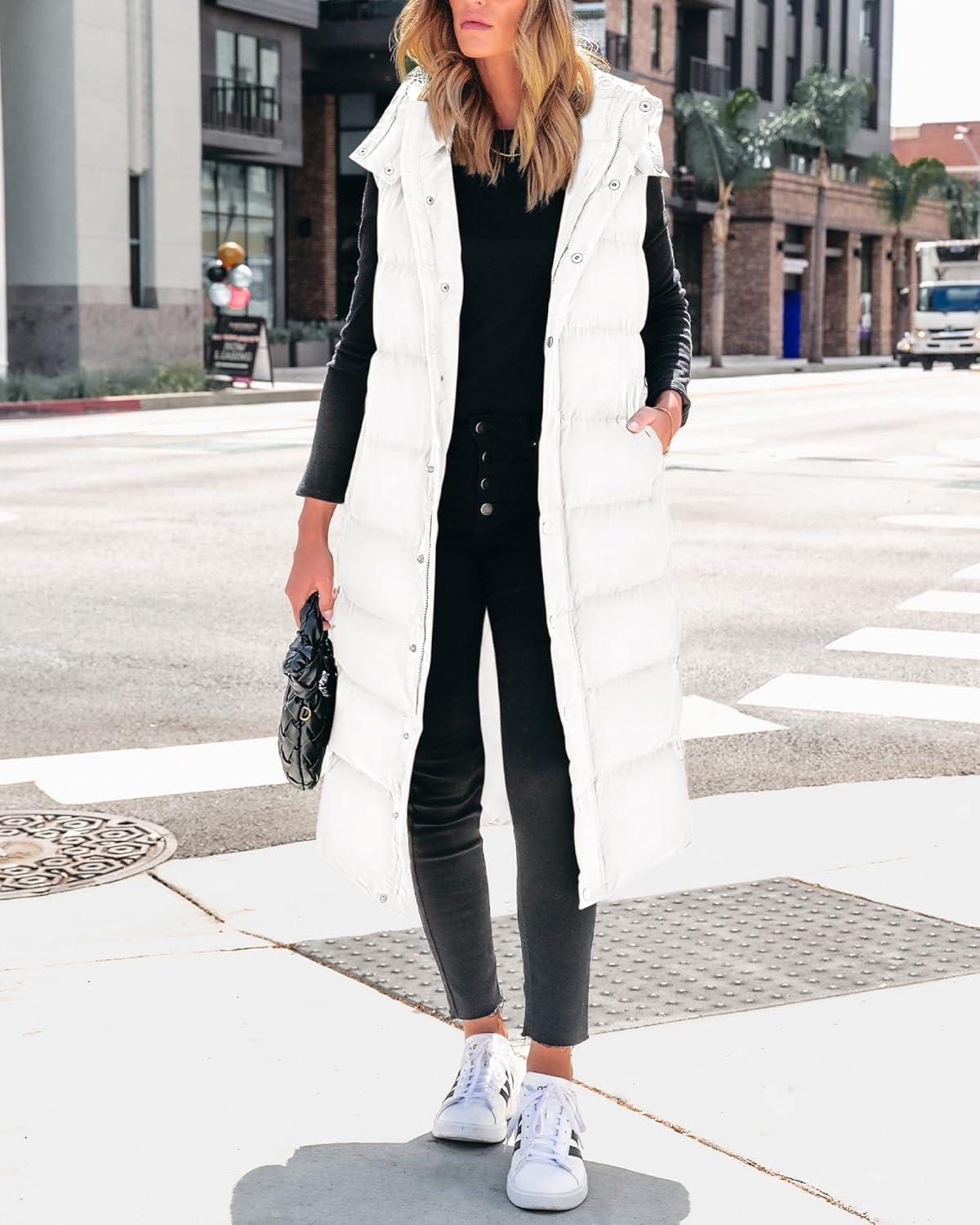 imageBTFBM Long Puffer Vest Women Quilted Hooded Button Down Zip Up Sleeveless Vests Outerwear Padded Jacket Fall Winter CoatWhite