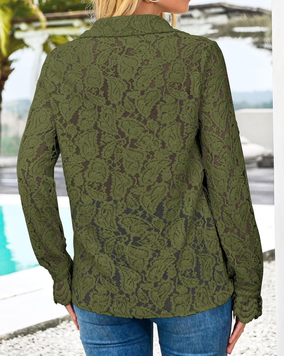 imageBTFBM Long Sleeve Lace Blouses for Women 2025 Spring Dressy Casual Button Down Shirts Date Night Outfit Club Party TopsArmy Green