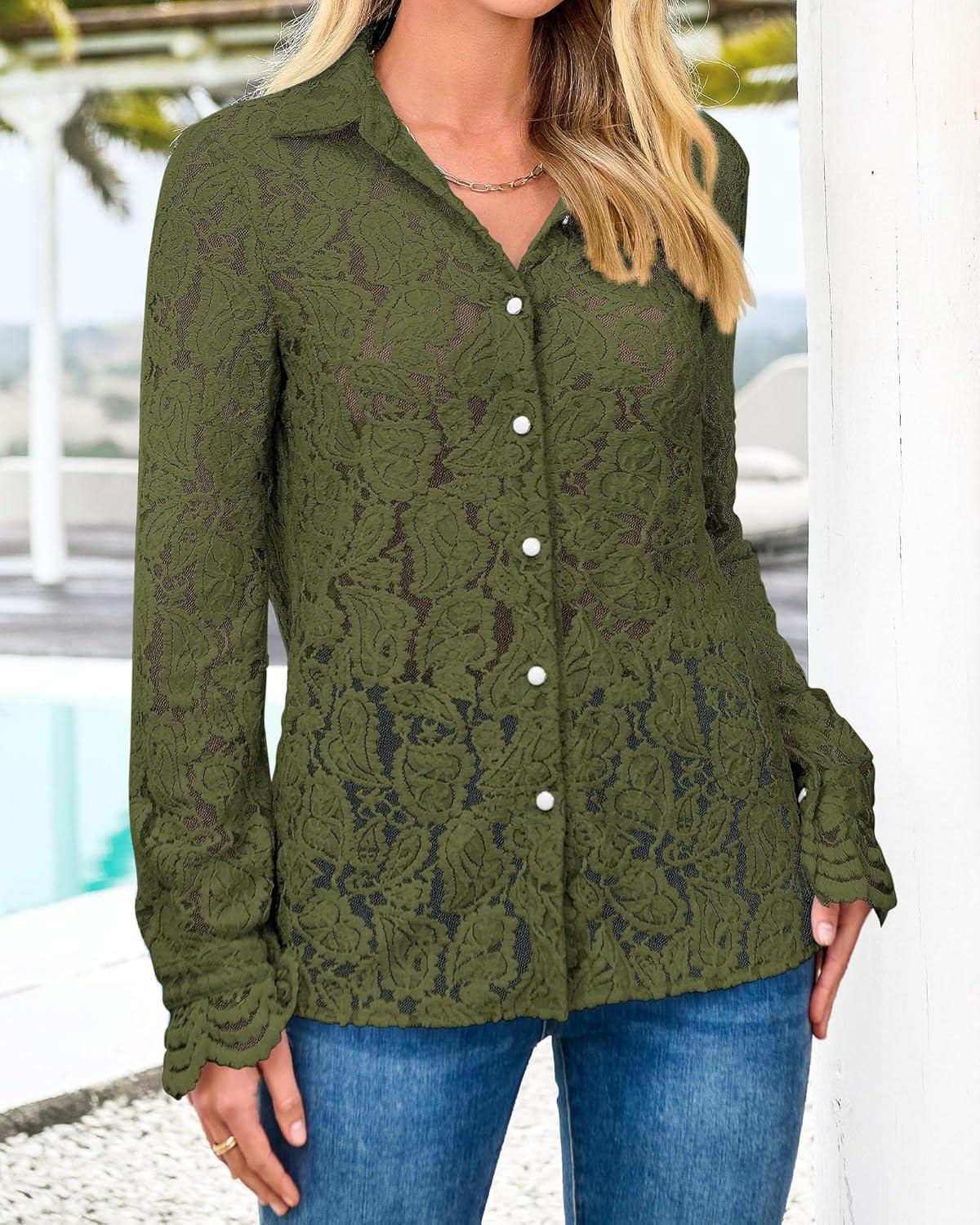 imageBTFBM Long Sleeve Lace Blouses for Women 2025 Spring Dressy Casual Button Down Shirts Date Night Outfit Club Party TopsArmy Green