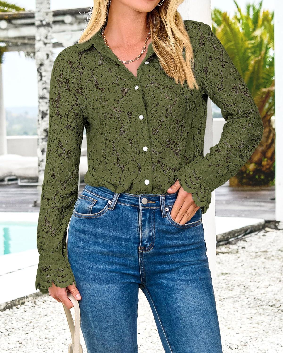 imageBTFBM Long Sleeve Lace Blouses for Women 2025 Spring Dressy Casual Button Down Shirts Date Night Outfit Club Party TopsArmy Green
