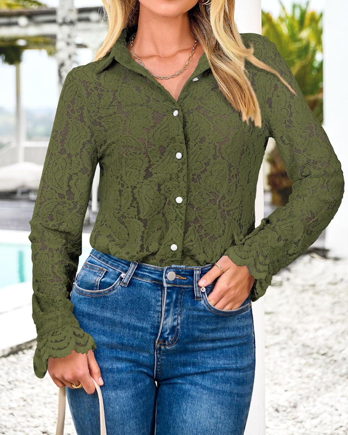 imageBTFBM Long Sleeve Lace Blouses for Women 2025 Spring Dressy Casual Button Down Shirts Date Night Outfit Club Party TopsArmy Green