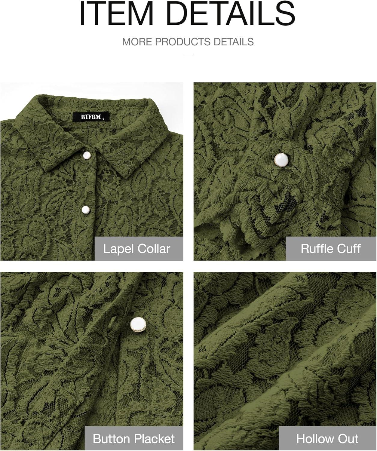 imageBTFBM Long Sleeve Lace Blouses for Women 2025 Spring Dressy Casual Button Down Shirts Date Night Outfit Club Party TopsArmy Green