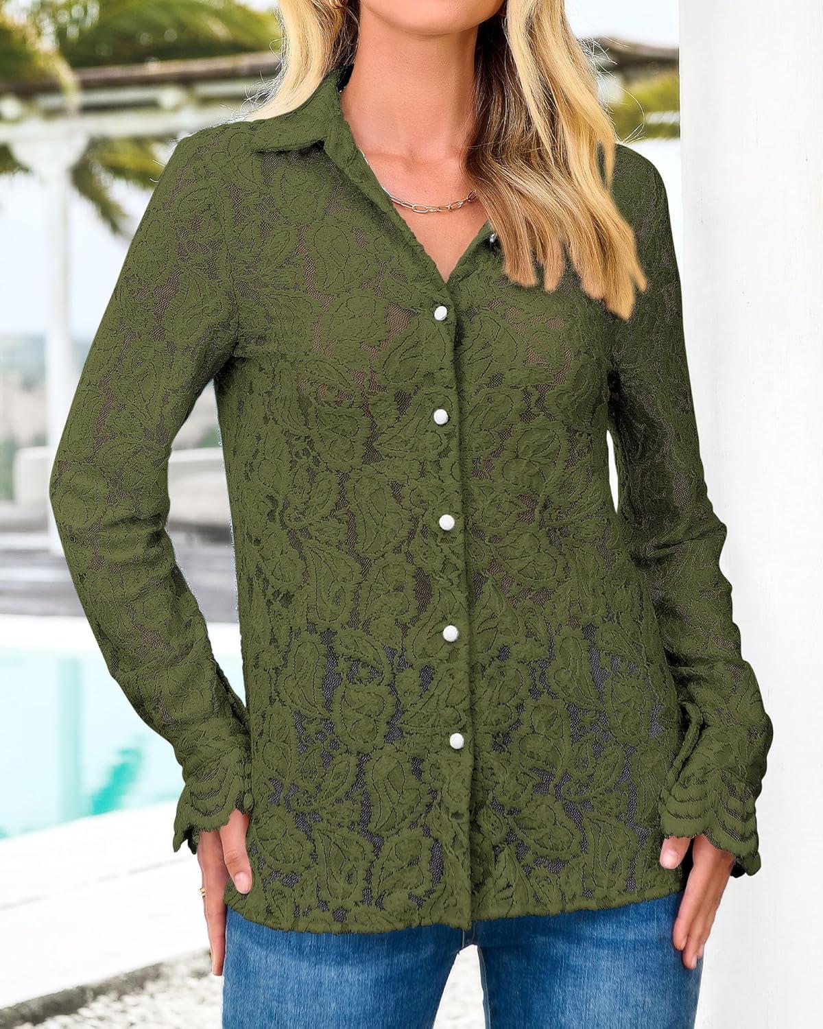 imageBTFBM Long Sleeve Lace Blouses for Women 2025 Spring Dressy Casual Button Down Shirts Date Night Outfit Club Party TopsArmy Green