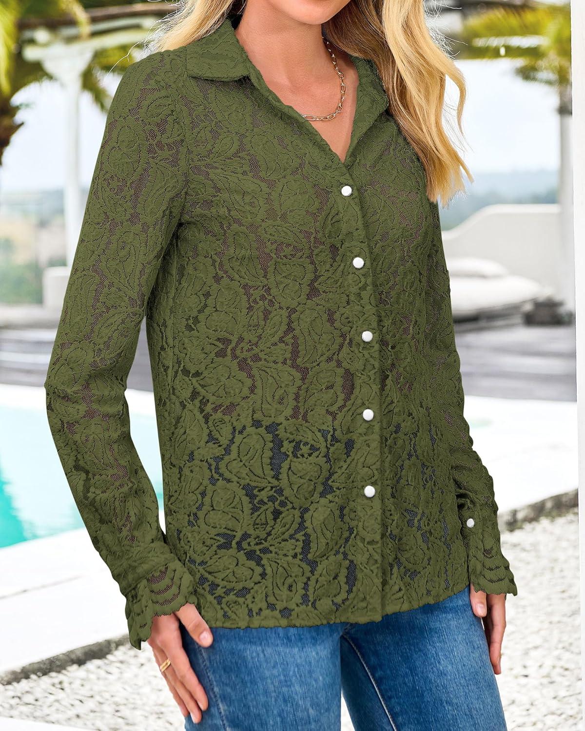 imageBTFBM Long Sleeve Lace Blouses for Women 2025 Spring Dressy Casual Button Down Shirts Date Night Outfit Club Party TopsArmy Green