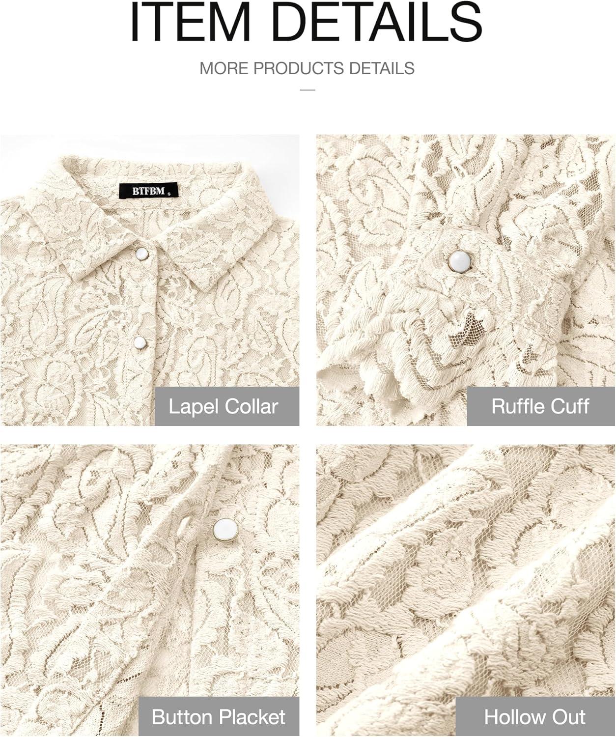 imageBTFBM Long Sleeve Lace Blouses for Women 2025 Spring Dressy Casual Button Down Shirts Date Night Outfit Club Party TopsBeige