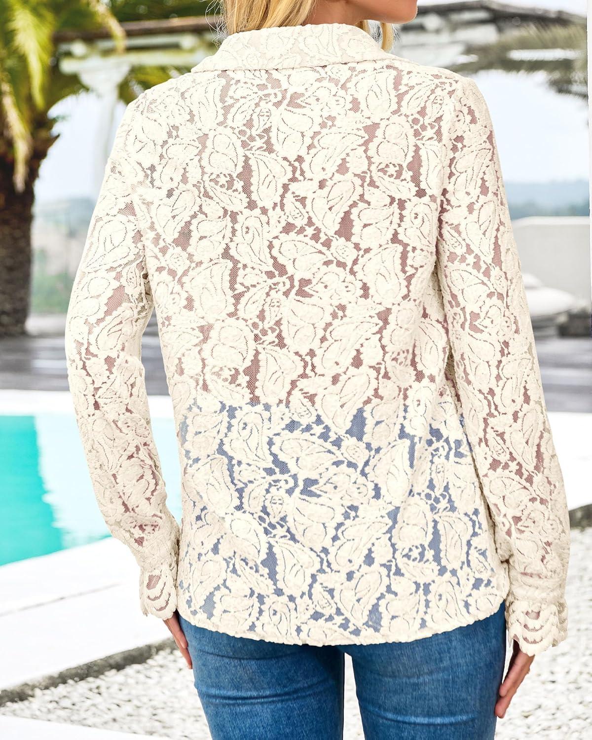 imageBTFBM Long Sleeve Lace Blouses for Women 2025 Spring Dressy Casual Button Down Shirts Date Night Outfit Club Party TopsBeige