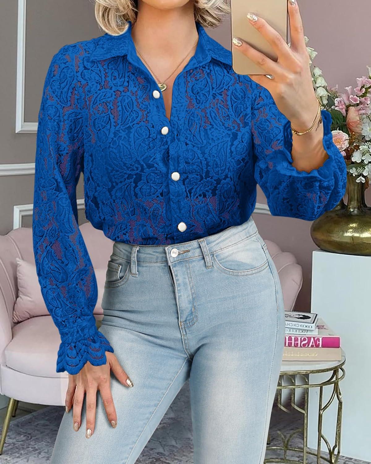 imageBTFBM Long Sleeve Lace Blouses for Women 2025 Spring Dressy Casual Button Down Shirts Date Night Outfit Club Party TopsBlue