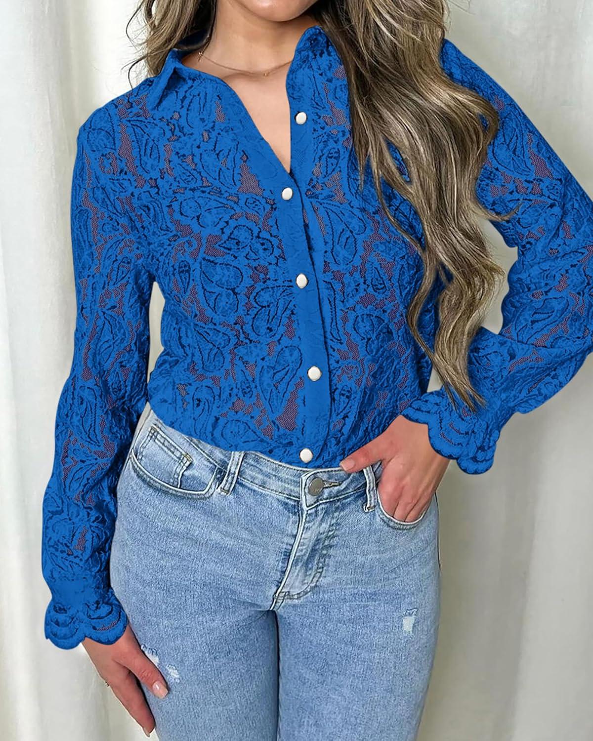 imageBTFBM Long Sleeve Lace Blouses for Women 2025 Spring Dressy Casual Button Down Shirts Date Night Outfit Club Party TopsBlue
