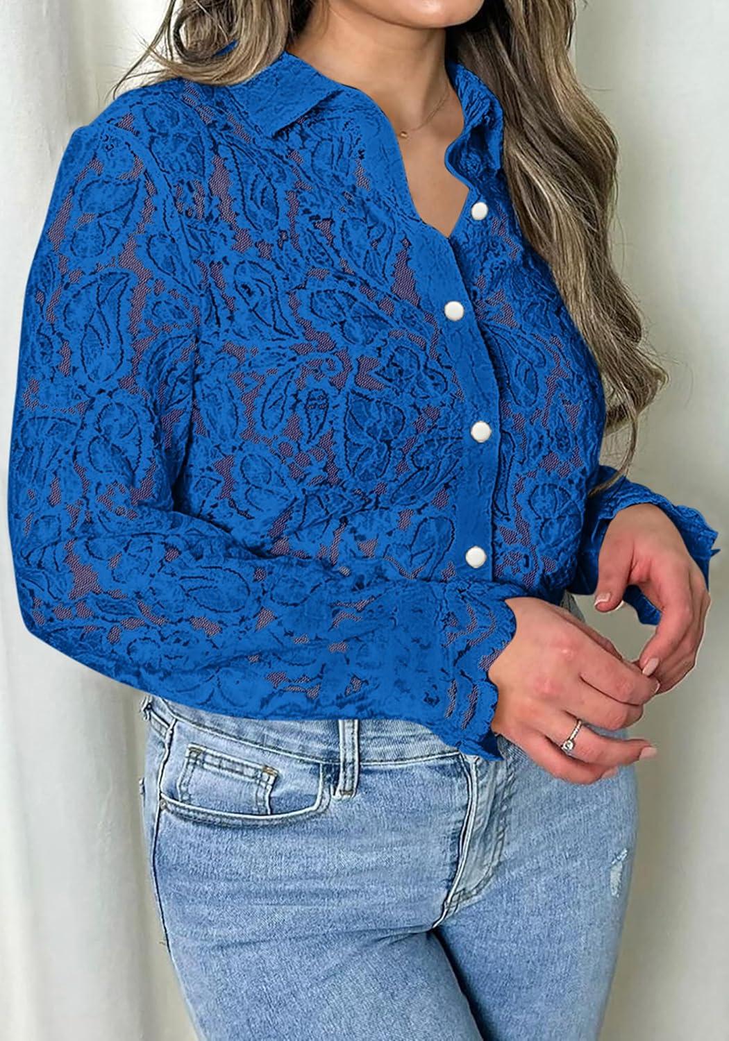 imageBTFBM Long Sleeve Lace Blouses for Women 2025 Spring Dressy Casual Button Down Shirts Date Night Outfit Club Party TopsBlue