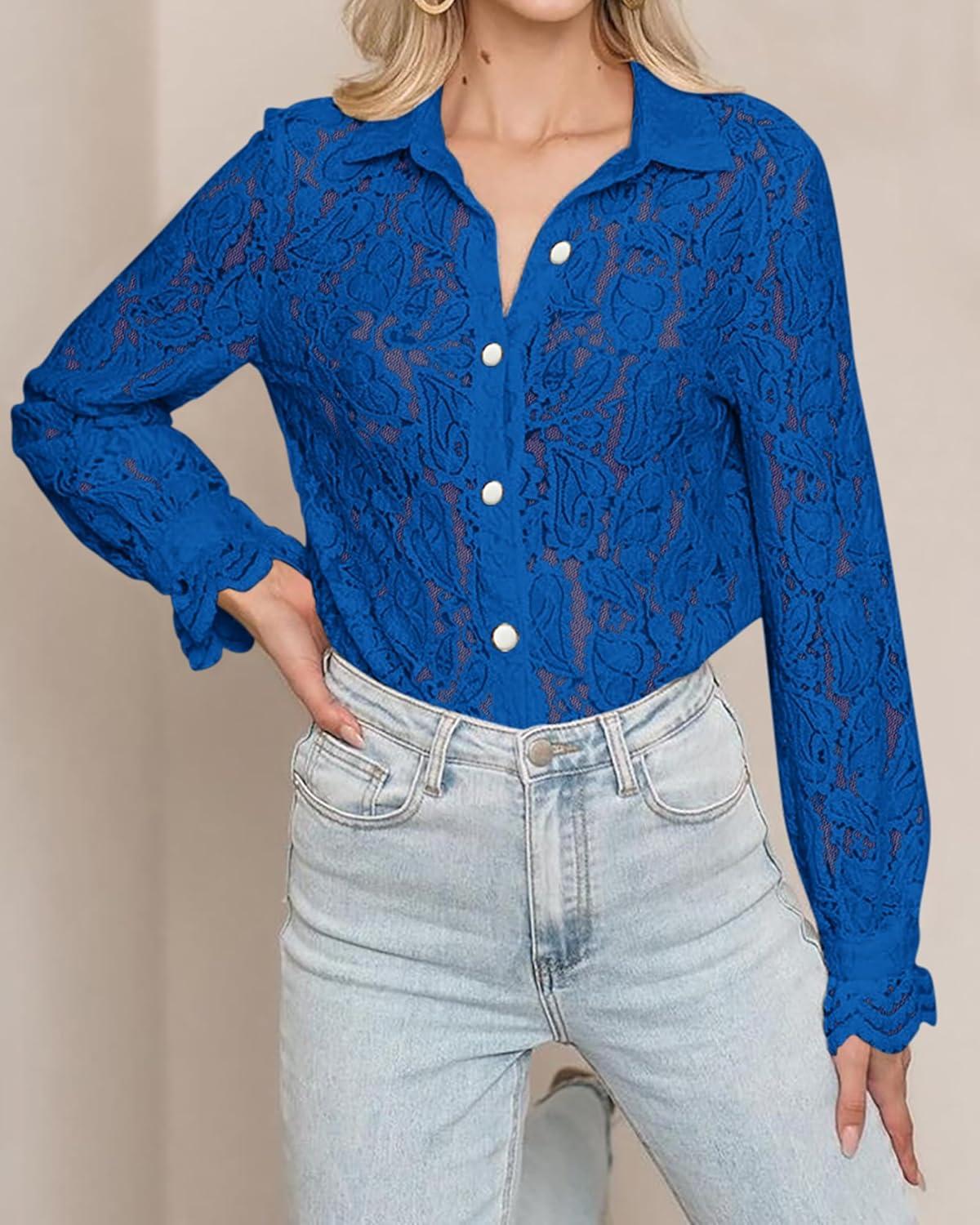 imageBTFBM Long Sleeve Lace Blouses for Women 2025 Spring Dressy Casual Button Down Shirts Date Night Outfit Club Party TopsBlue