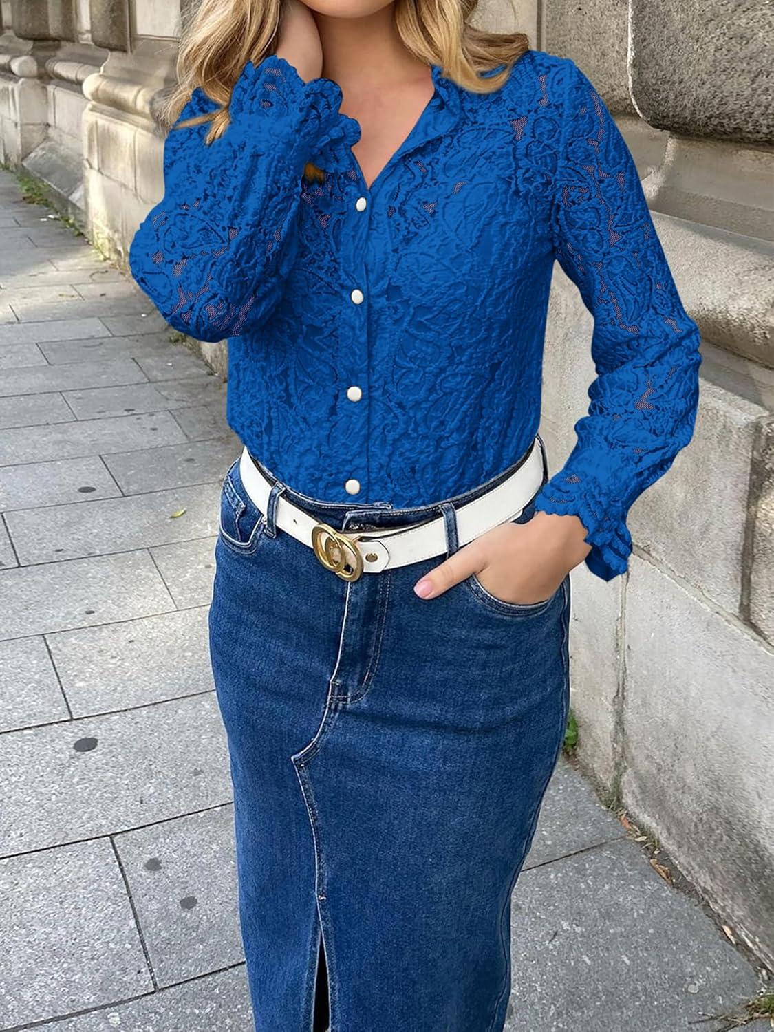 imageBTFBM Long Sleeve Lace Blouses for Women 2025 Spring Dressy Casual Button Down Shirts Date Night Outfit Club Party TopsBlue