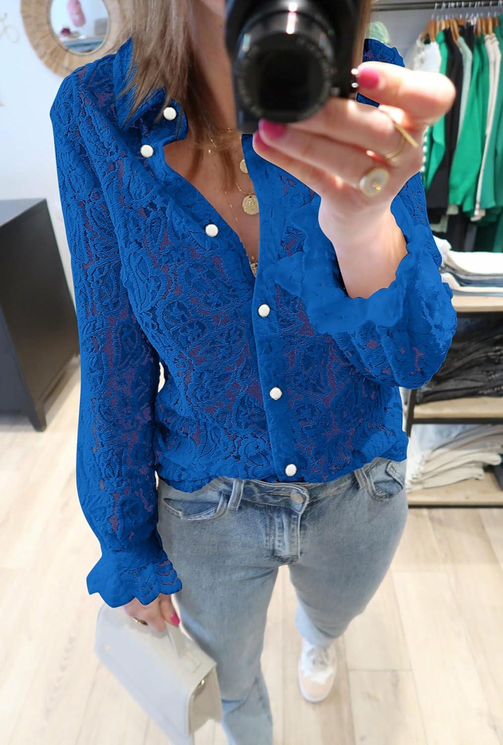 imageBTFBM Long Sleeve Lace Blouses for Women 2025 Spring Dressy Casual Button Down Shirts Date Night Outfit Club Party TopsBlue
