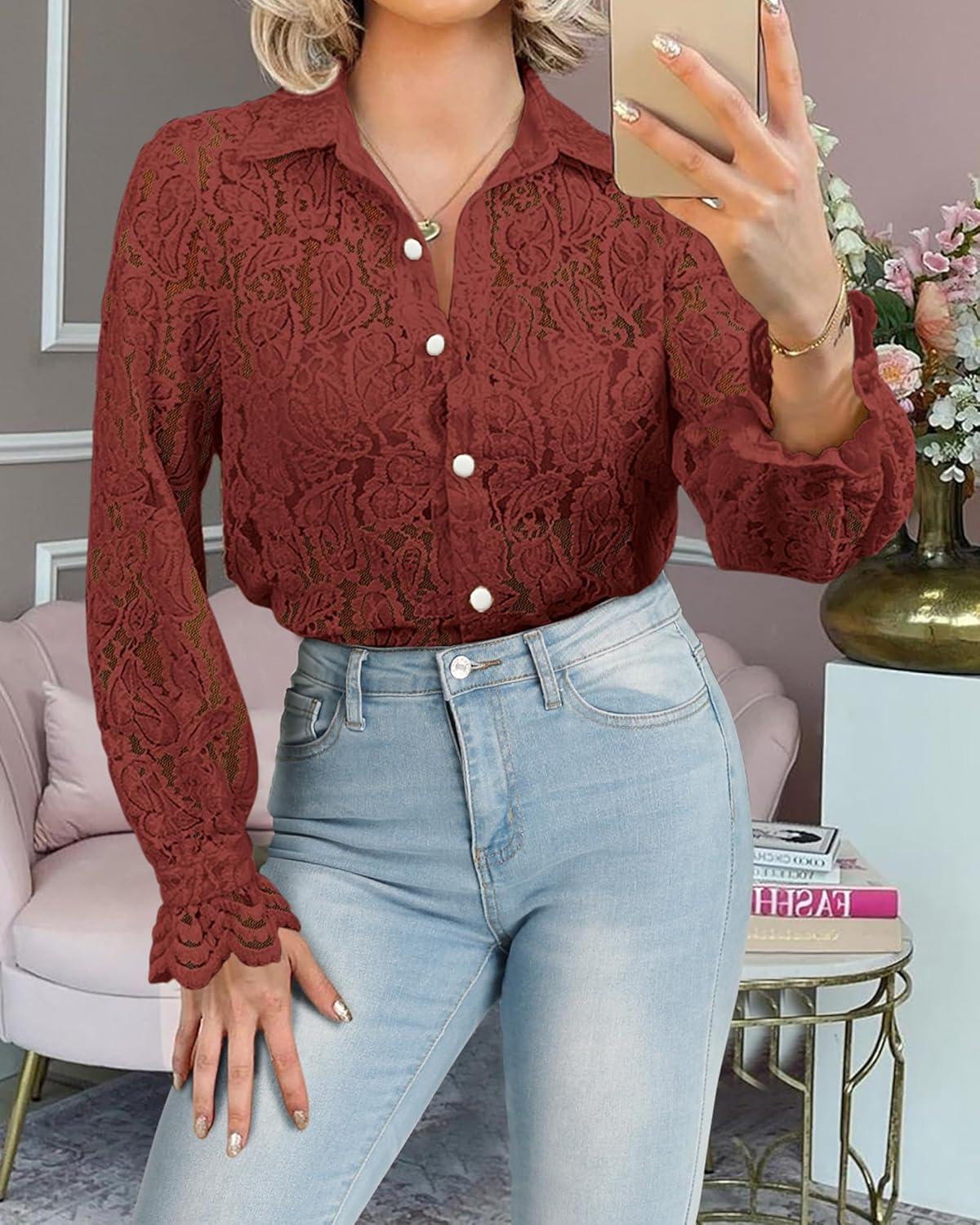 imageBTFBM Long Sleeve Lace Blouses for Women 2025 Spring Dressy Casual Button Down Shirts Date Night Outfit Club Party TopsBrown Red