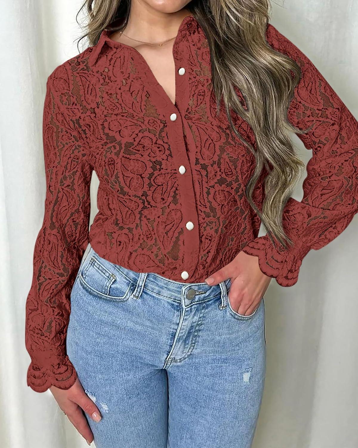 imageBTFBM Long Sleeve Lace Blouses for Women 2025 Spring Dressy Casual Button Down Shirts Date Night Outfit Club Party TopsBrown Red