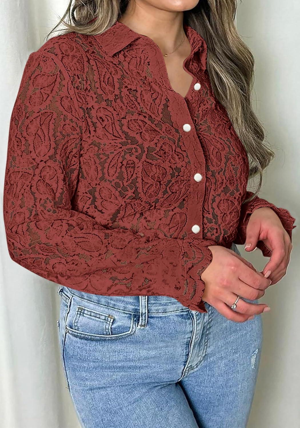 imageBTFBM Long Sleeve Lace Blouses for Women 2025 Spring Dressy Casual Button Down Shirts Date Night Outfit Club Party TopsBrown Red