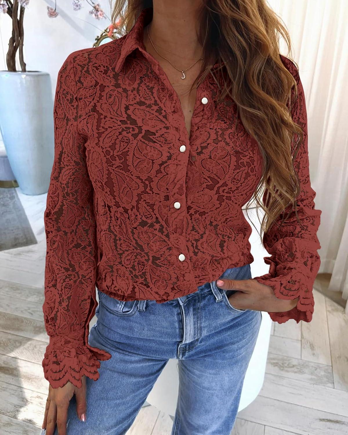 imageBTFBM Long Sleeve Lace Blouses for Women 2025 Spring Dressy Casual Button Down Shirts Date Night Outfit Club Party TopsBrown Red