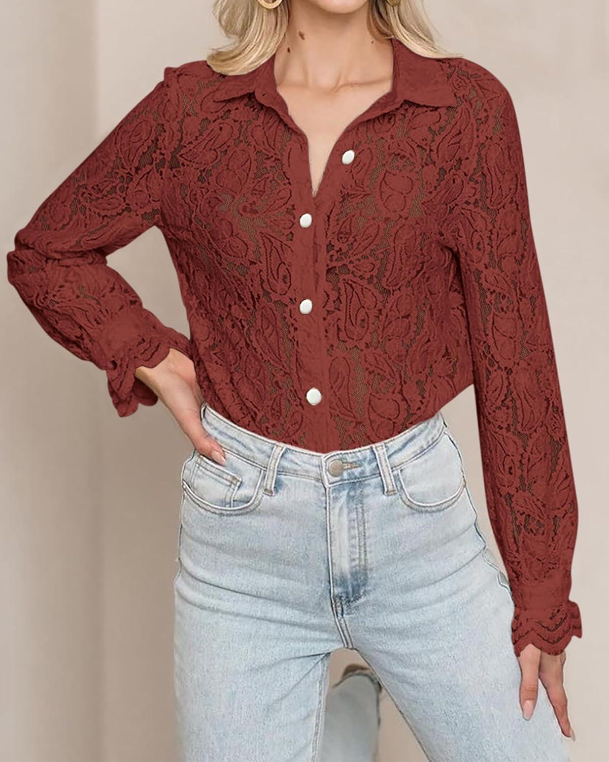 imageBTFBM Long Sleeve Lace Blouses for Women 2025 Spring Dressy Casual Button Down Shirts Date Night Outfit Club Party TopsBrown Red
