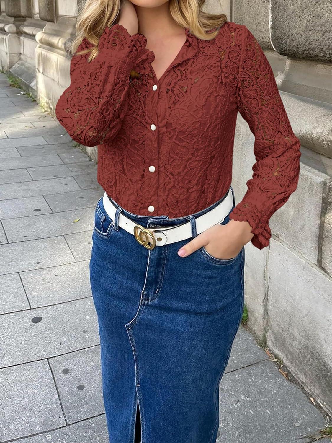 imageBTFBM Long Sleeve Lace Blouses for Women 2025 Spring Dressy Casual Button Down Shirts Date Night Outfit Club Party TopsBrown Red