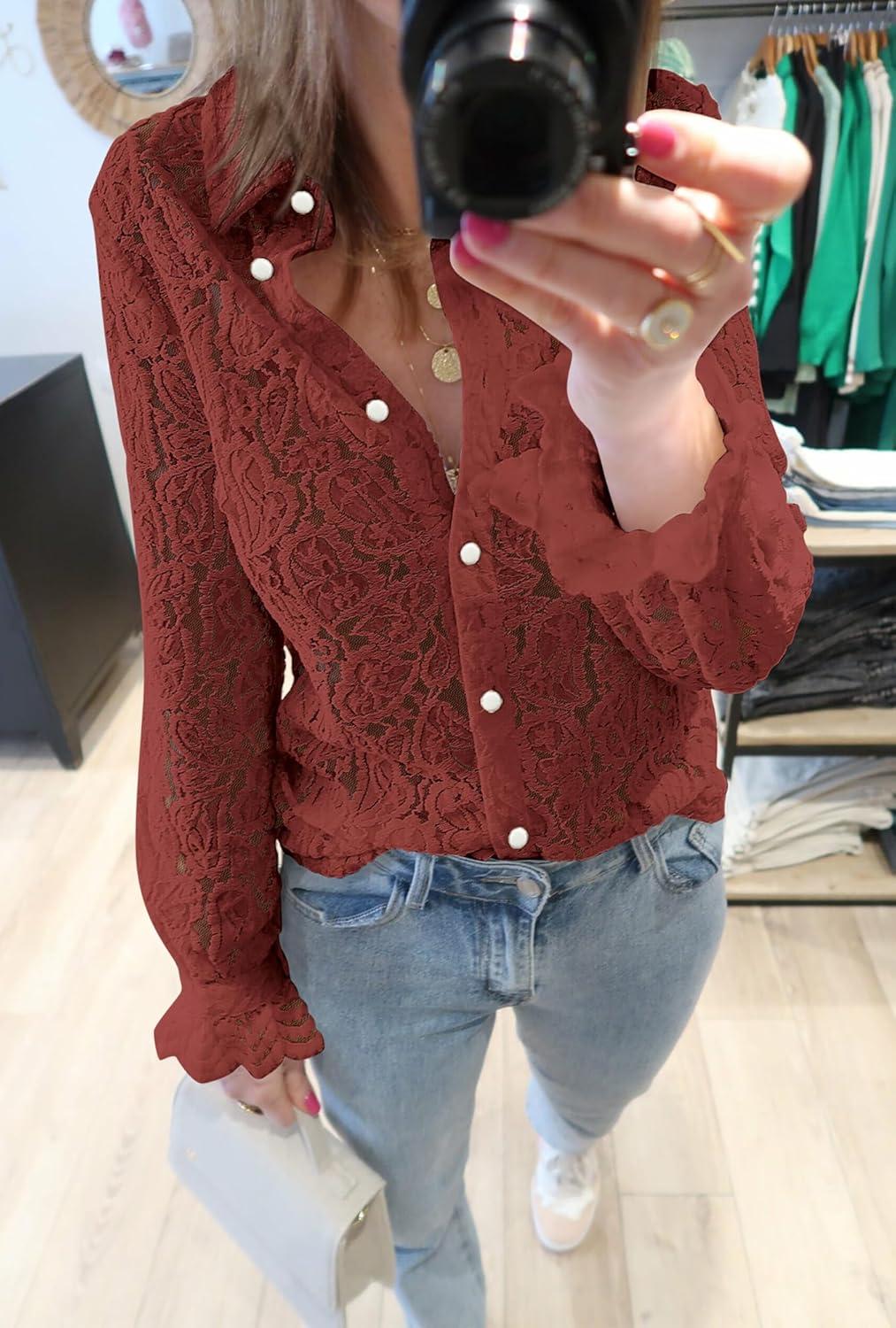 imageBTFBM Long Sleeve Lace Blouses for Women 2025 Spring Dressy Casual Button Down Shirts Date Night Outfit Club Party TopsBrown Red