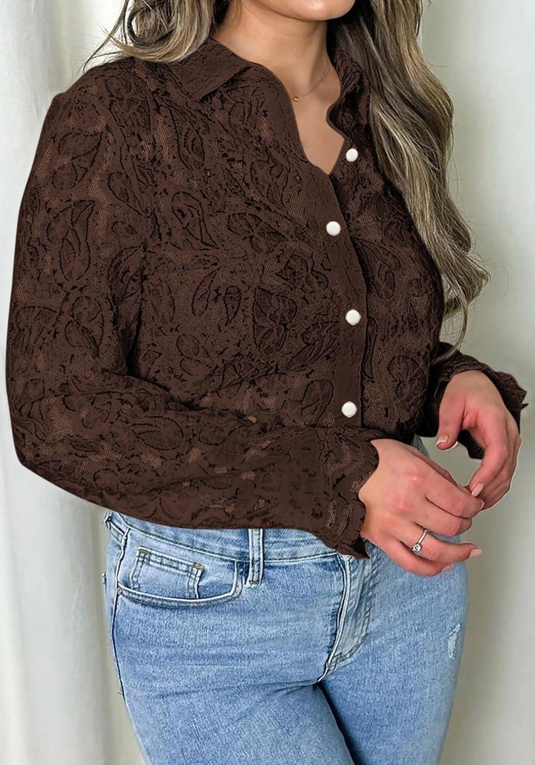 imageBTFBM Long Sleeve Lace Blouses for Women 2025 Spring Dressy Casual Button Down Shirts Date Night Outfit Club Party TopsCoffee