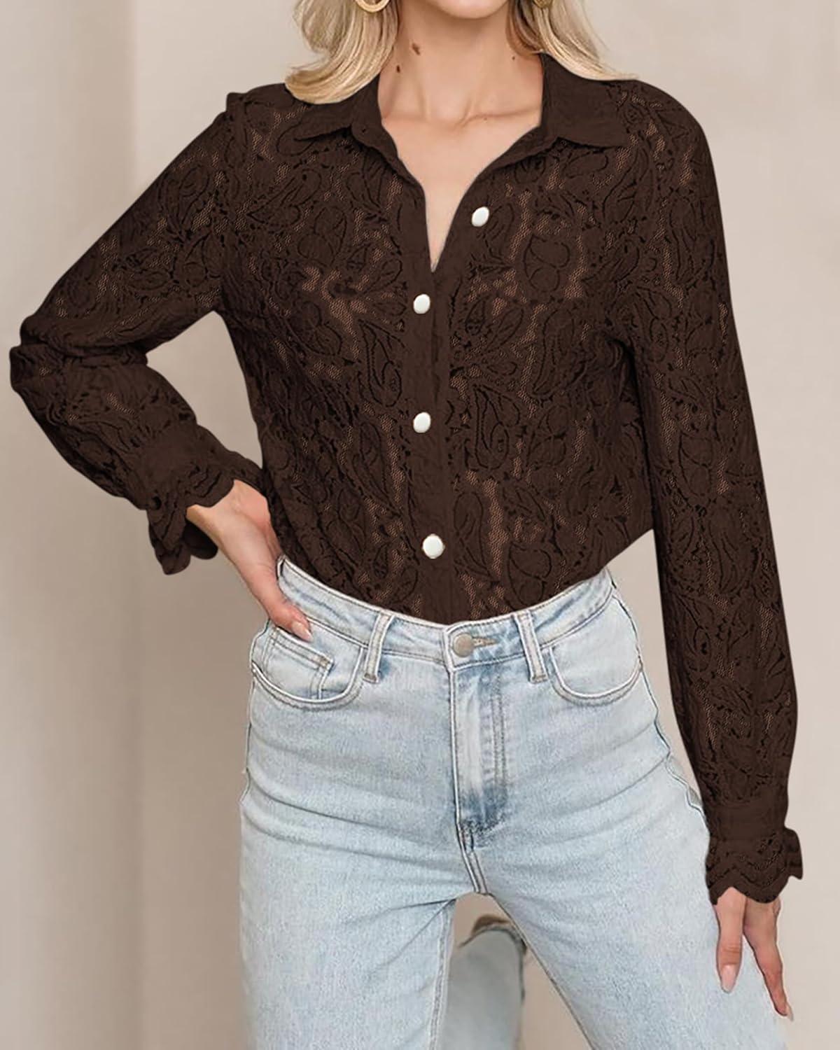 imageBTFBM Long Sleeve Lace Blouses for Women 2025 Spring Dressy Casual Button Down Shirts Date Night Outfit Club Party TopsCoffee