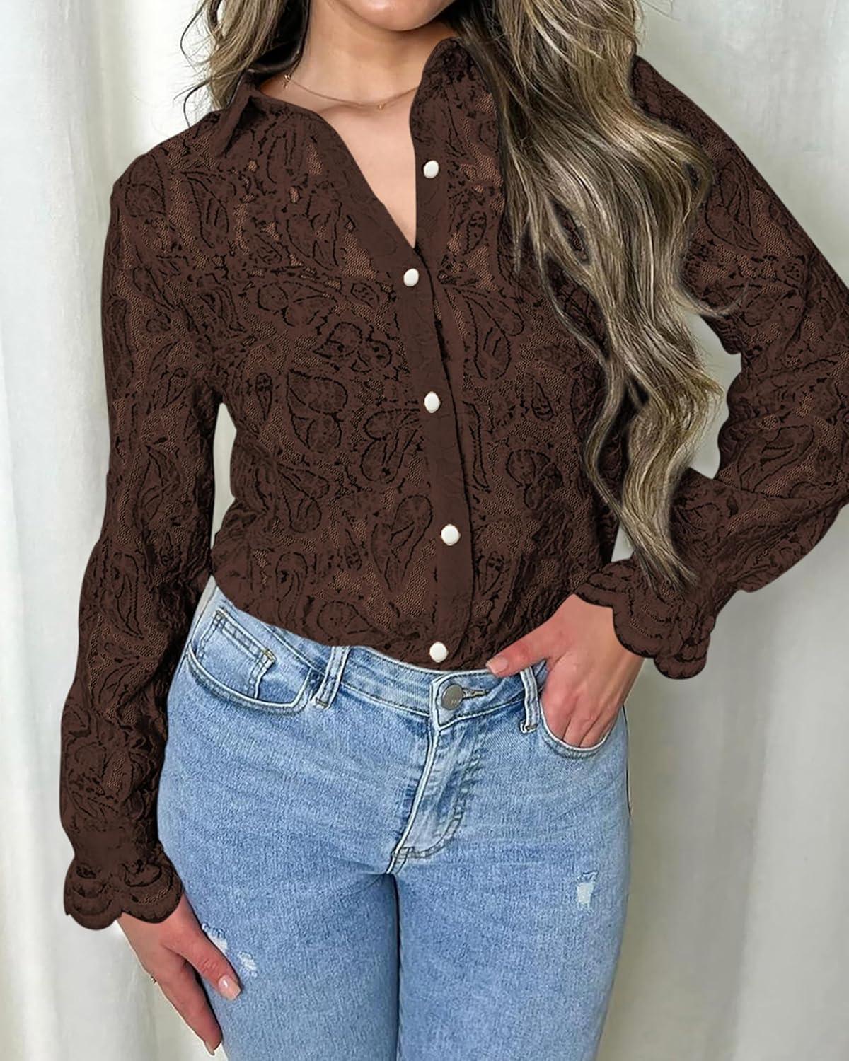 imageBTFBM Long Sleeve Lace Blouses for Women 2025 Spring Dressy Casual Button Down Shirts Date Night Outfit Club Party TopsCoffee