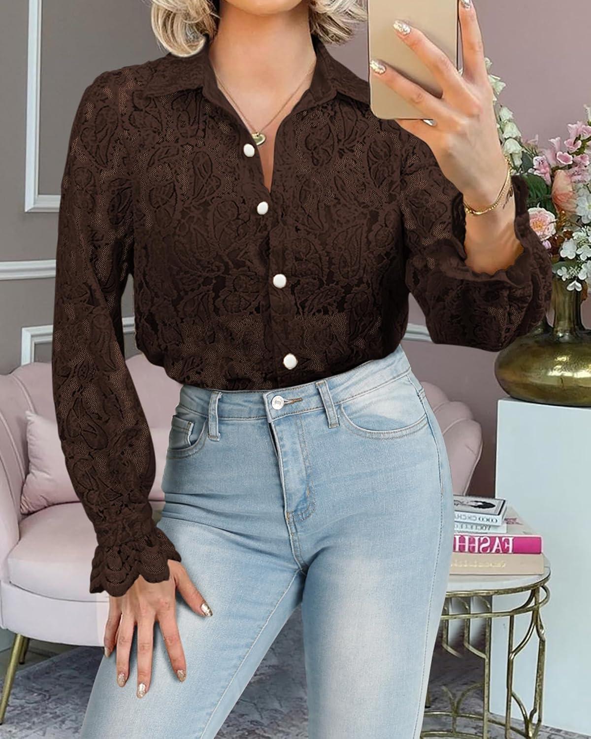 imageBTFBM Long Sleeve Lace Blouses for Women 2025 Spring Dressy Casual Button Down Shirts Date Night Outfit Club Party TopsCoffee