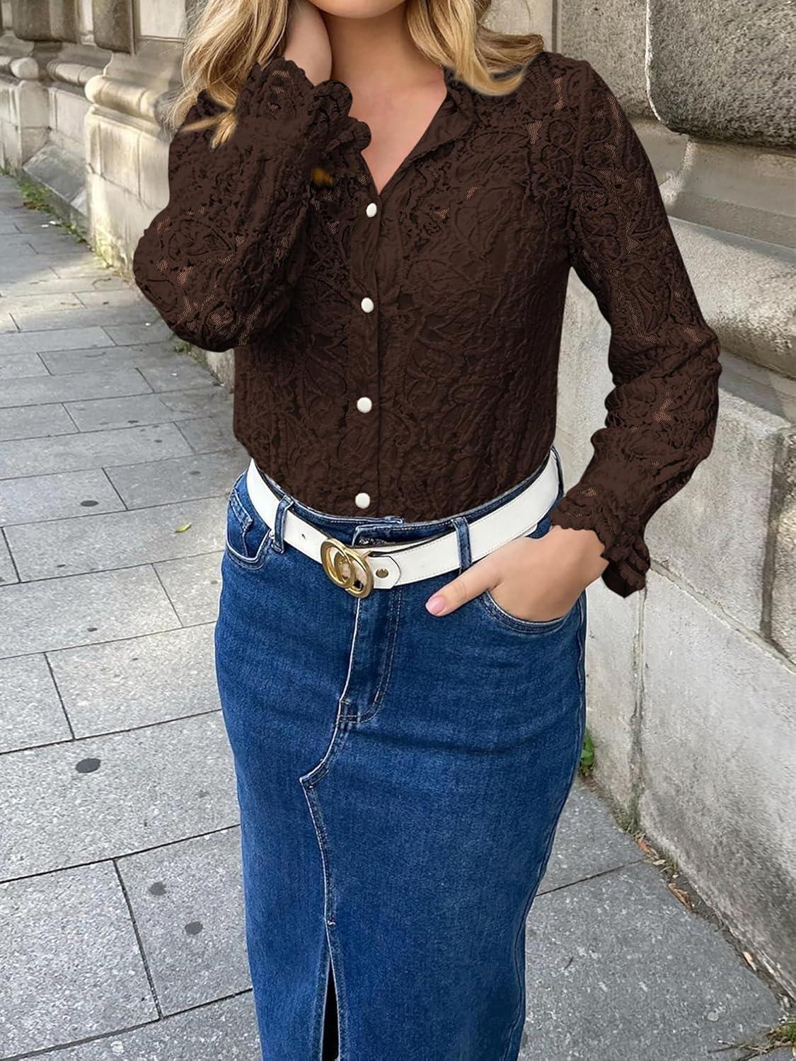 imageBTFBM Long Sleeve Lace Blouses for Women 2025 Spring Dressy Casual Button Down Shirts Date Night Outfit Club Party TopsCoffee