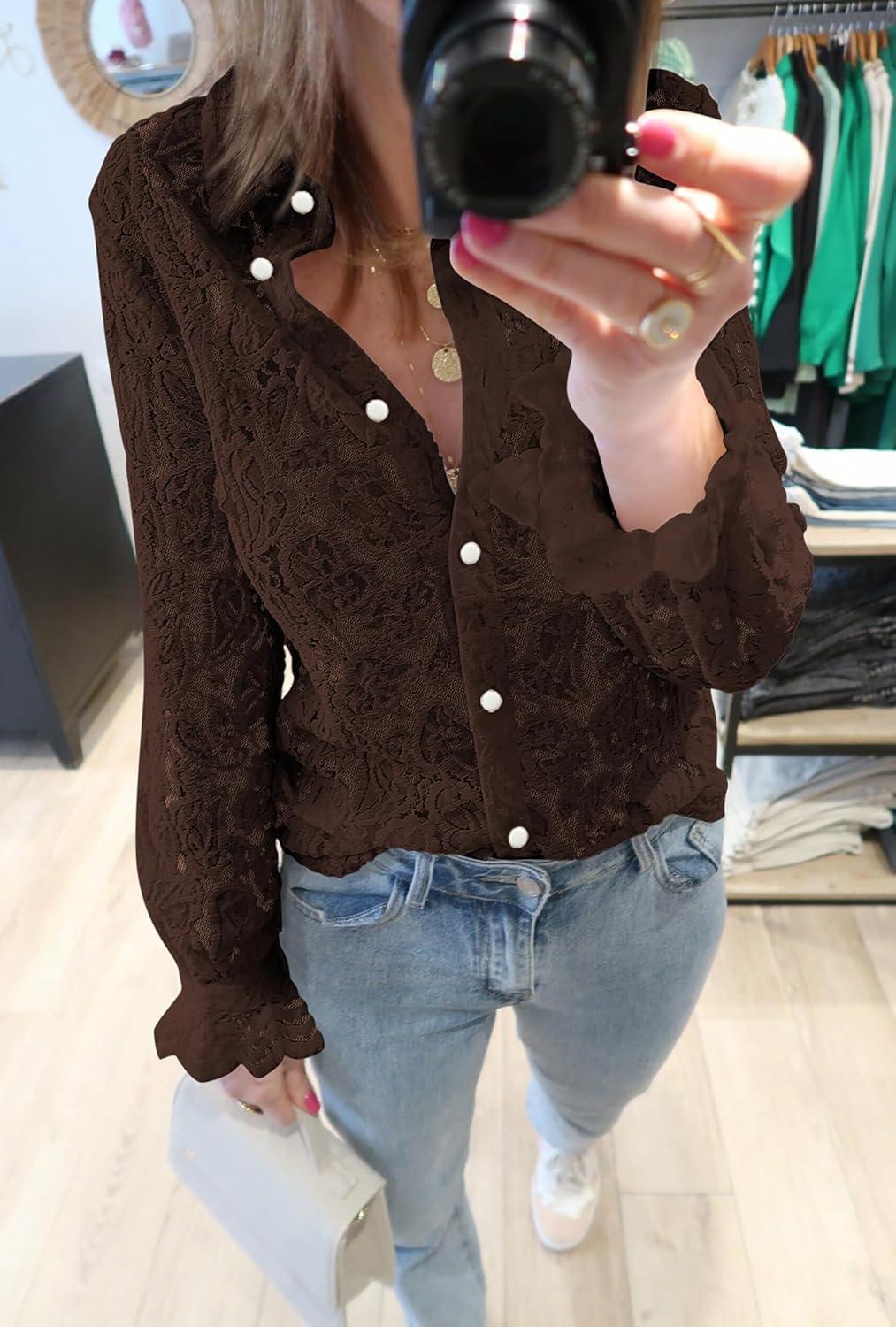 imageBTFBM Long Sleeve Lace Blouses for Women 2025 Spring Dressy Casual Button Down Shirts Date Night Outfit Club Party TopsCoffee