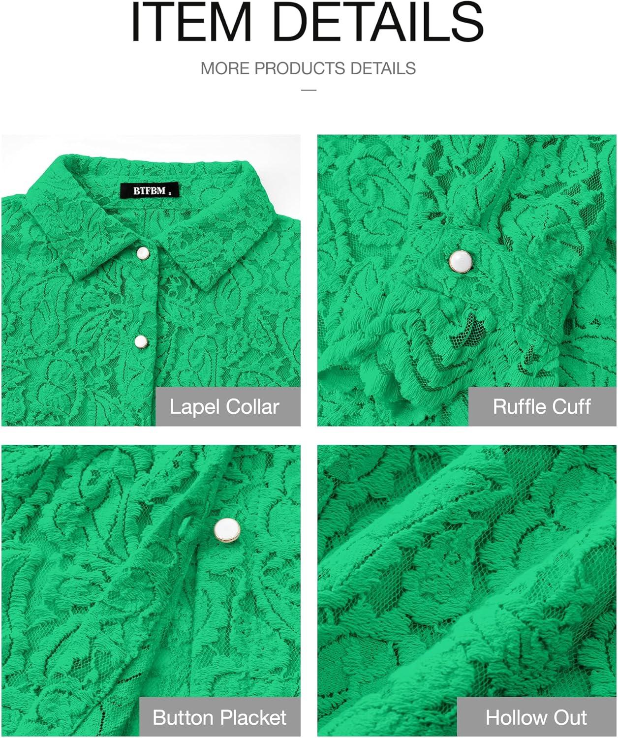 imageBTFBM Long Sleeve Lace Blouses for Women 2025 Spring Dressy Casual Button Down Shirts Date Night Outfit Club Party TopsGreen