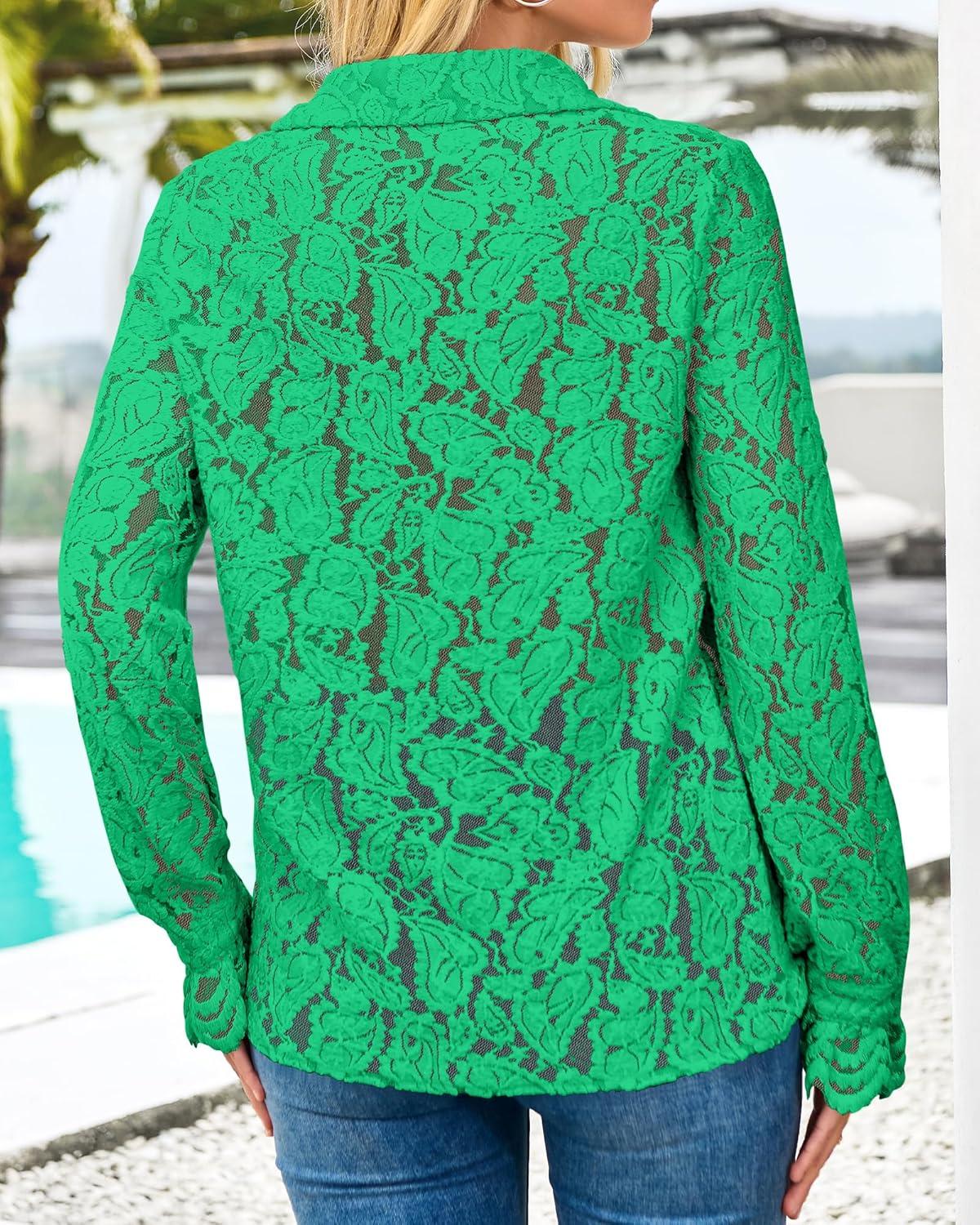 imageBTFBM Long Sleeve Lace Blouses for Women 2025 Spring Dressy Casual Button Down Shirts Date Night Outfit Club Party TopsGreen