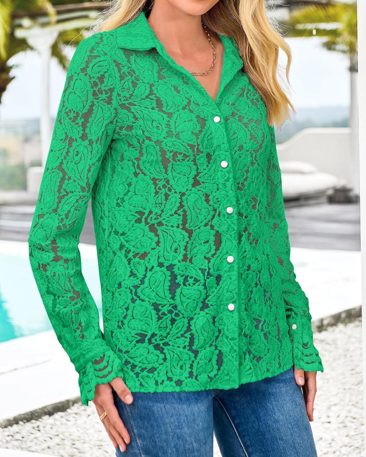 imageBTFBM Long Sleeve Lace Blouses for Women 2025 Spring Dressy Casual Button Down Shirts Date Night Outfit Club Party TopsGreen