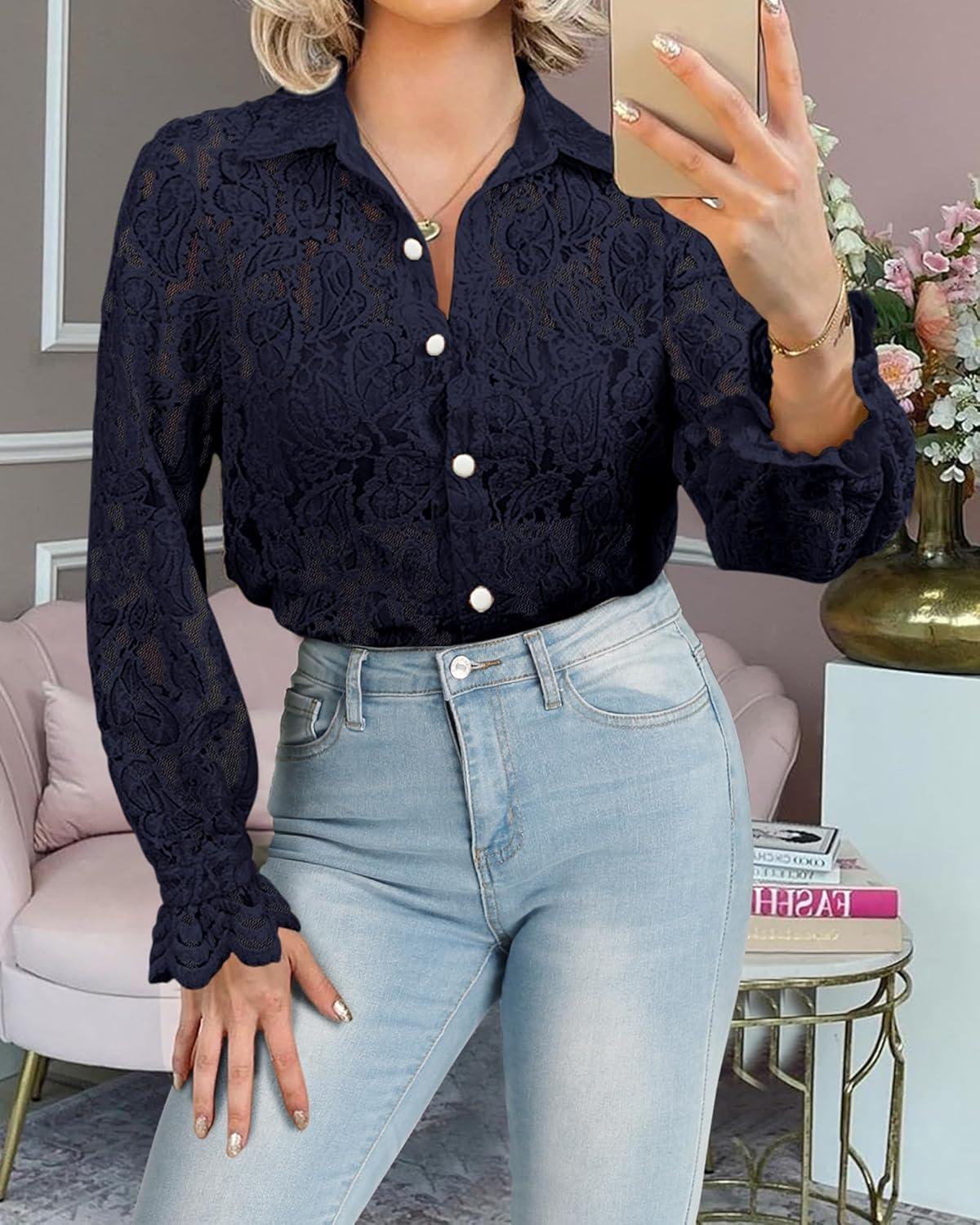 imageBTFBM Long Sleeve Lace Blouses for Women 2025 Spring Dressy Casual Button Down Shirts Date Night Outfit Club Party TopsNavy