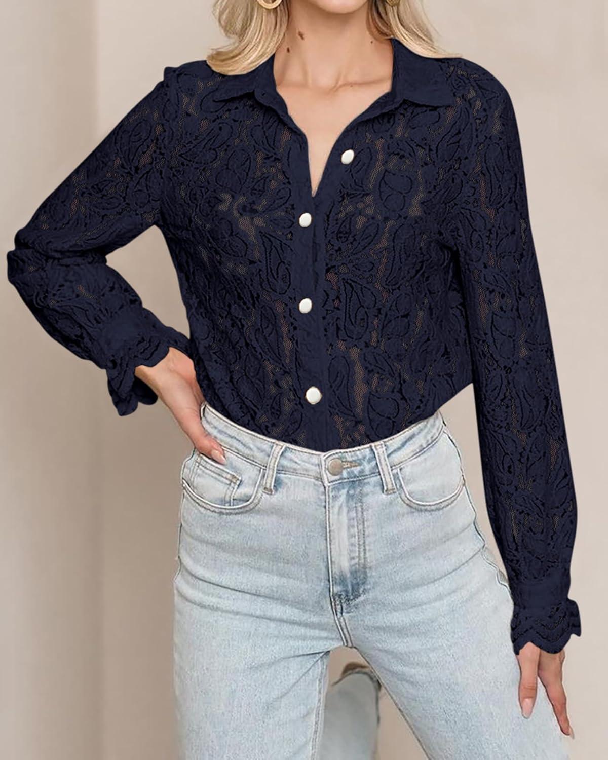 imageBTFBM Long Sleeve Lace Blouses for Women 2025 Spring Dressy Casual Button Down Shirts Date Night Outfit Club Party TopsNavy