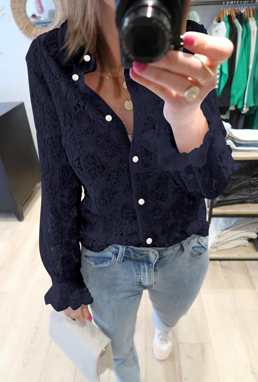 imageBTFBM Long Sleeve Lace Blouses for Women 2025 Spring Dressy Casual Button Down Shirts Date Night Outfit Club Party TopsNavy