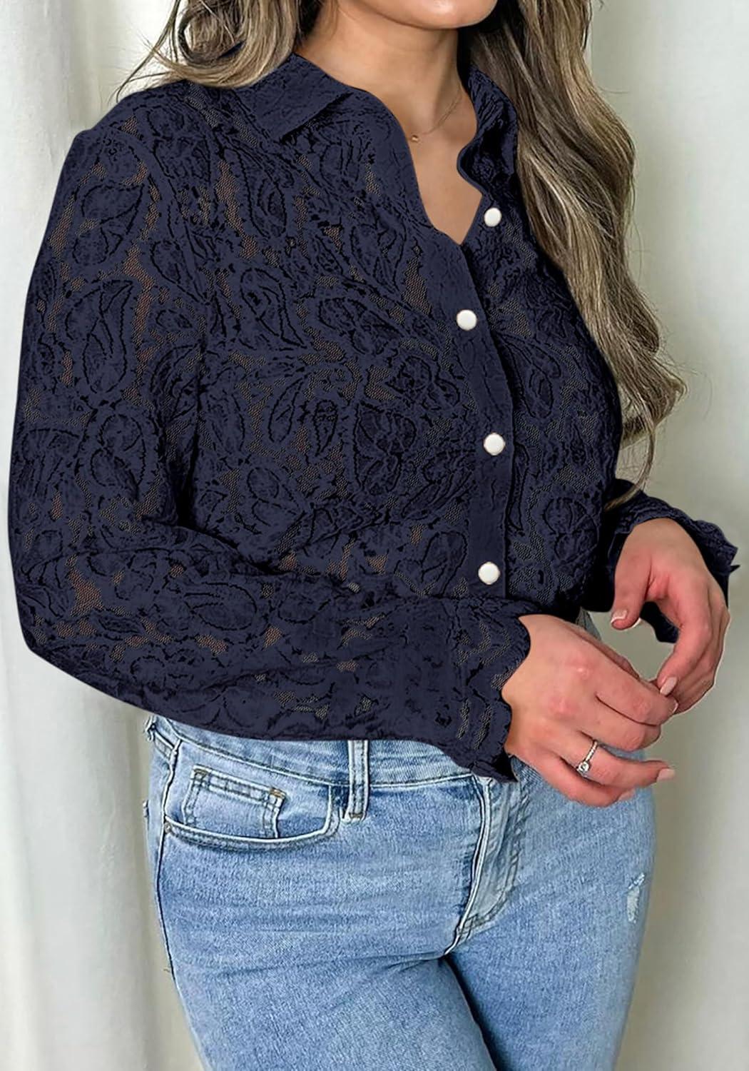 imageBTFBM Long Sleeve Lace Blouses for Women 2025 Spring Dressy Casual Button Down Shirts Date Night Outfit Club Party TopsNavy