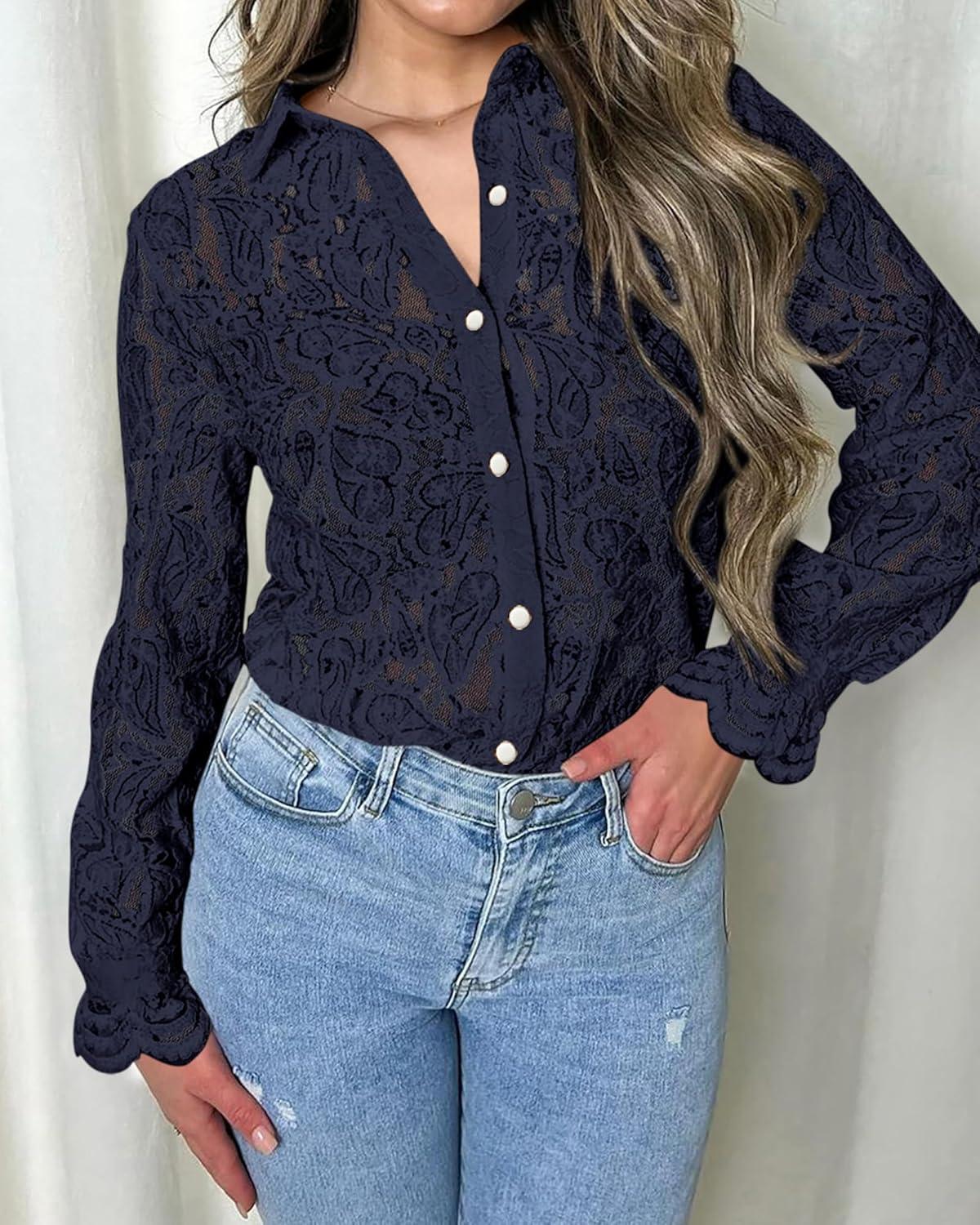 imageBTFBM Long Sleeve Lace Blouses for Women 2025 Spring Dressy Casual Button Down Shirts Date Night Outfit Club Party TopsNavy