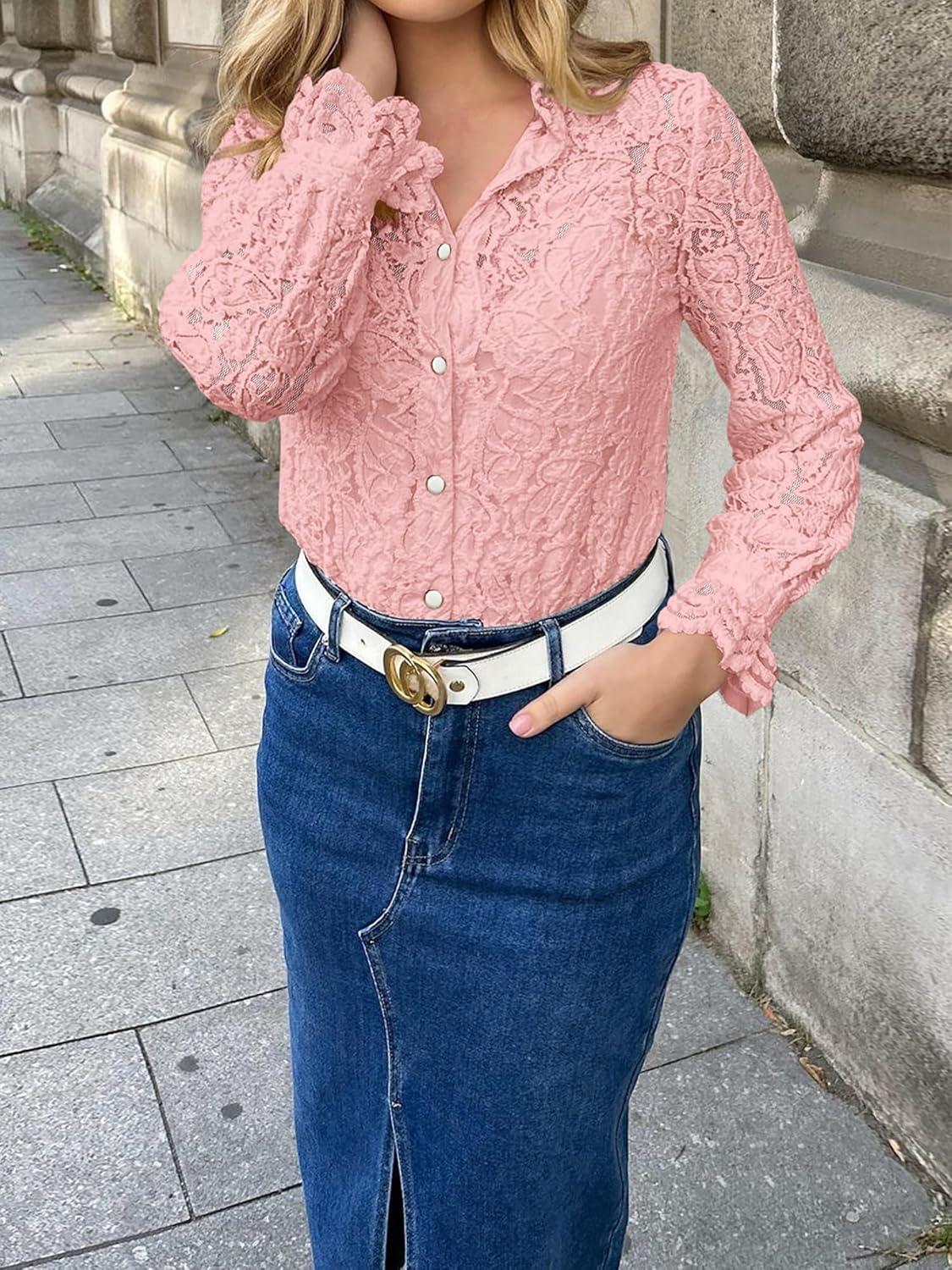 imageBTFBM Long Sleeve Lace Blouses for Women 2025 Spring Dressy Casual Button Down Shirts Date Night Outfit Club Party TopsPink