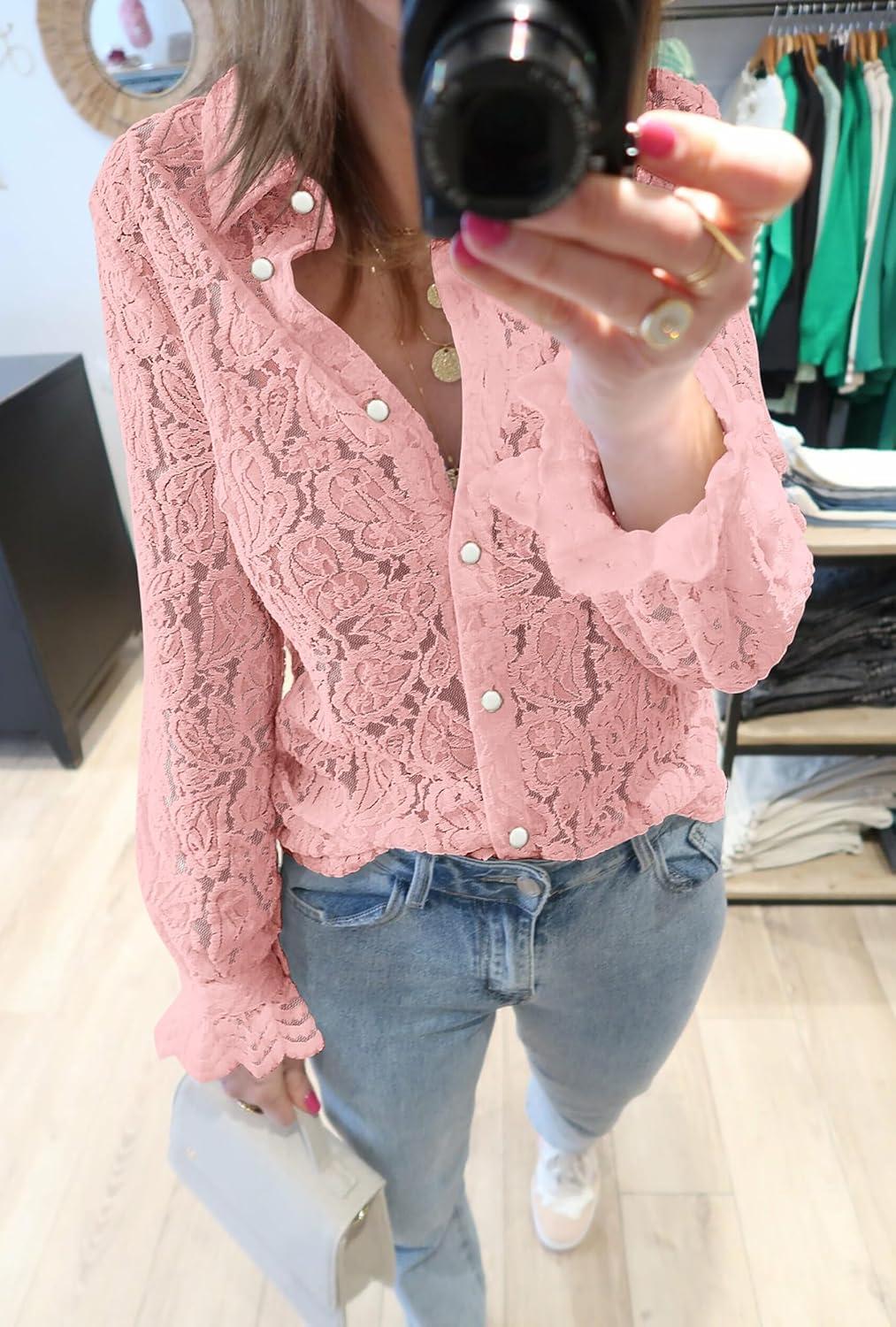 imageBTFBM Long Sleeve Lace Blouses for Women 2025 Spring Dressy Casual Button Down Shirts Date Night Outfit Club Party TopsPink