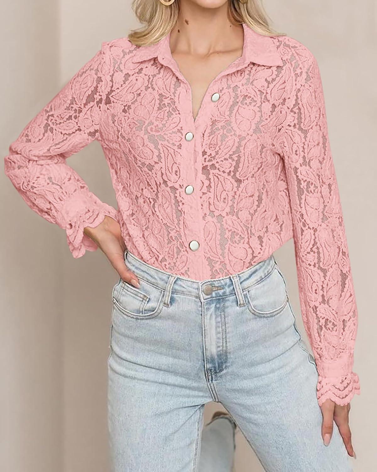 imageBTFBM Long Sleeve Lace Blouses for Women 2025 Spring Dressy Casual Button Down Shirts Date Night Outfit Club Party TopsPink