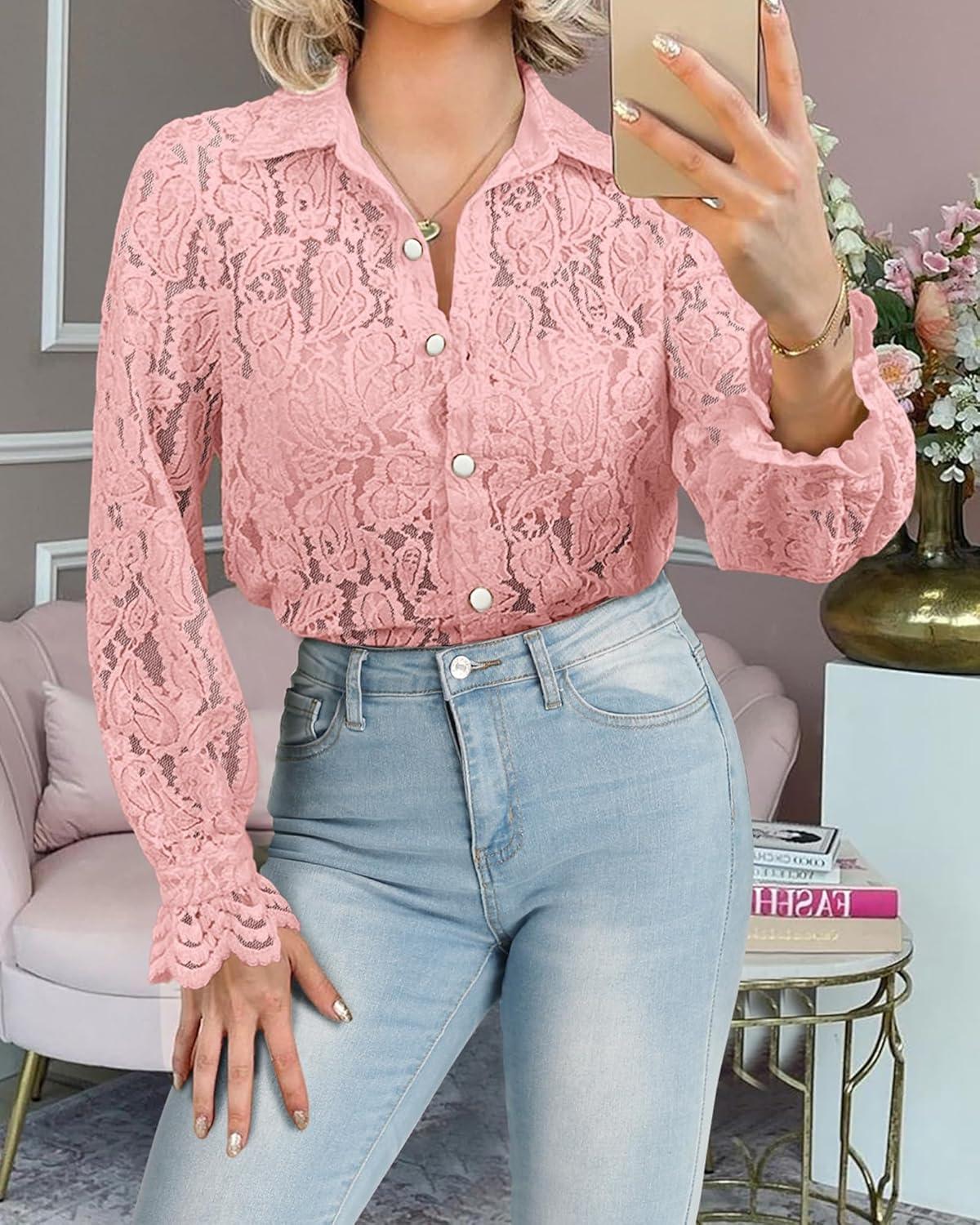 imageBTFBM Long Sleeve Lace Blouses for Women 2025 Spring Dressy Casual Button Down Shirts Date Night Outfit Club Party TopsPink
